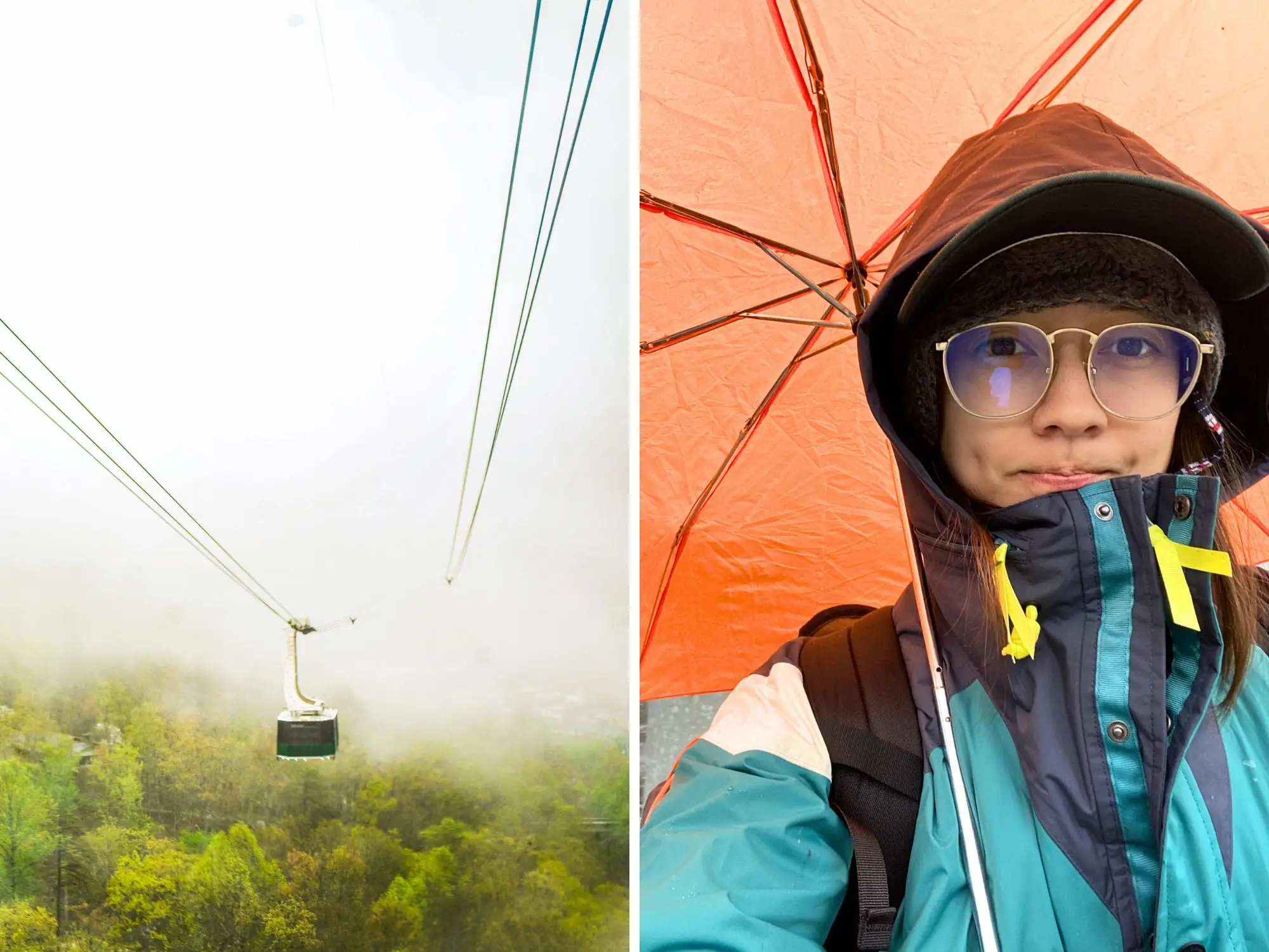 A composite image of an aerial tram above trees on a foggy day, and the author with an umbrella