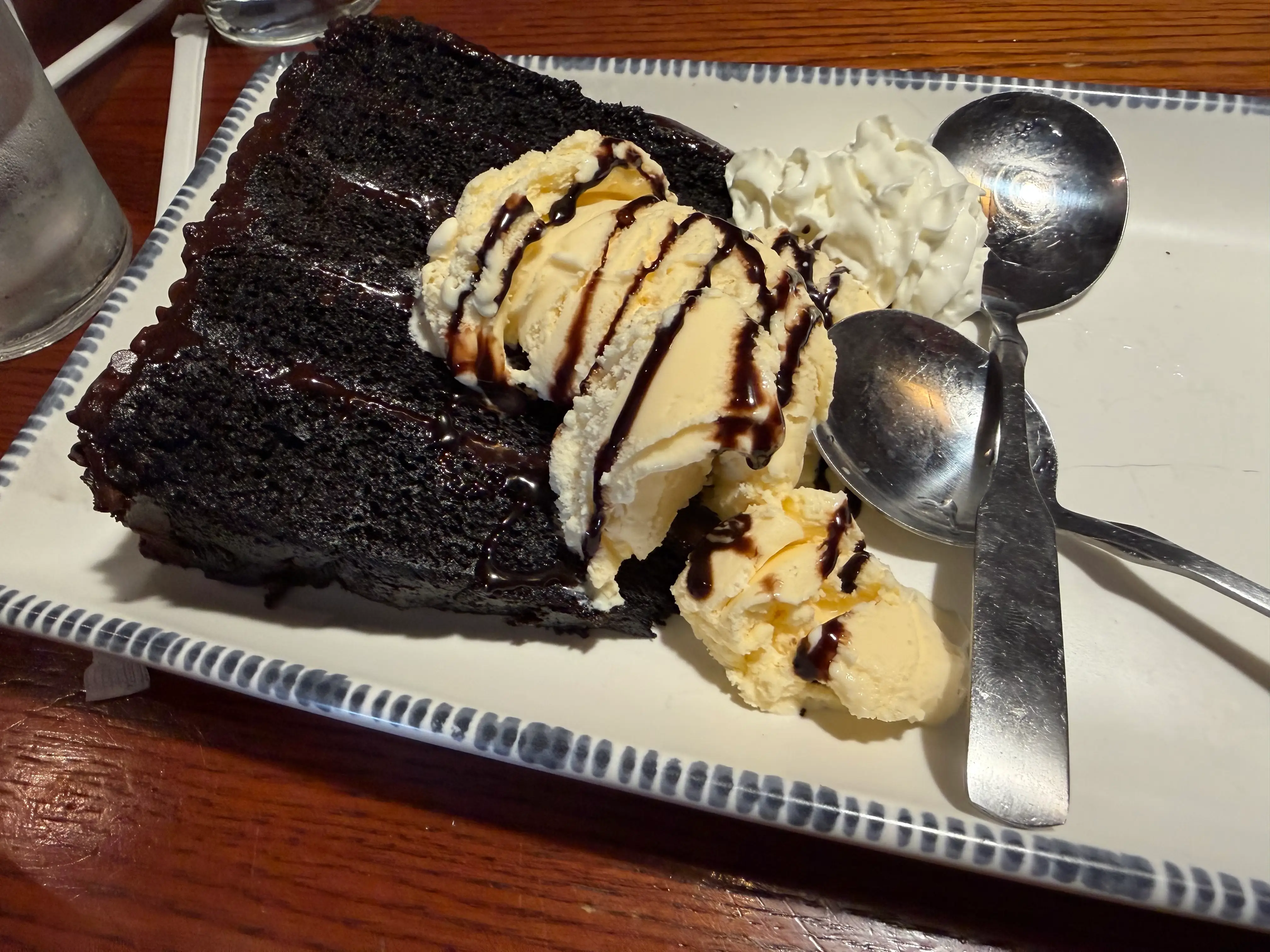 Chocolate cake with ice cream at Red Lobster with two spoons