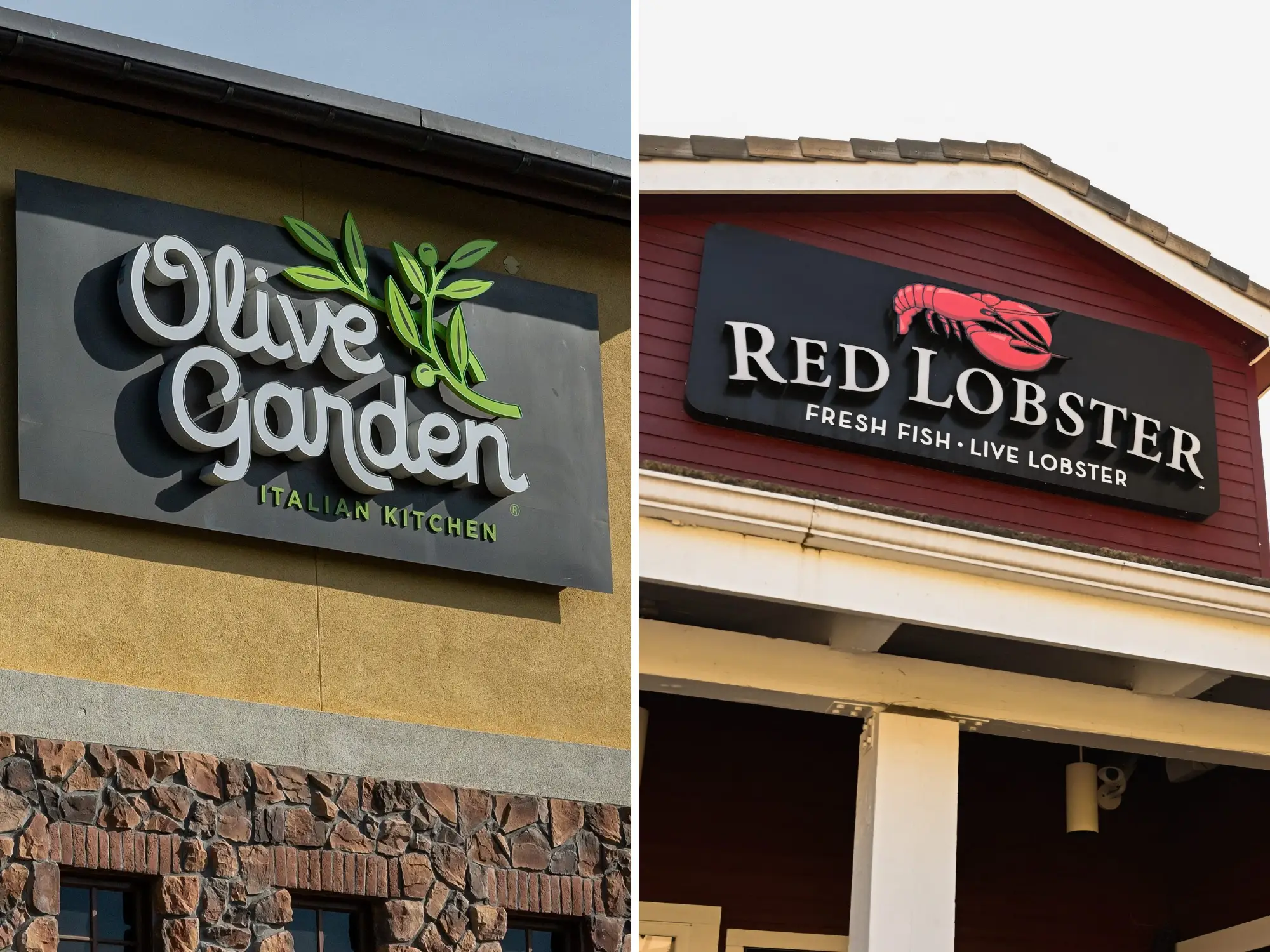 Composite of olive garden exterior next to exterior of a Red Lobster
