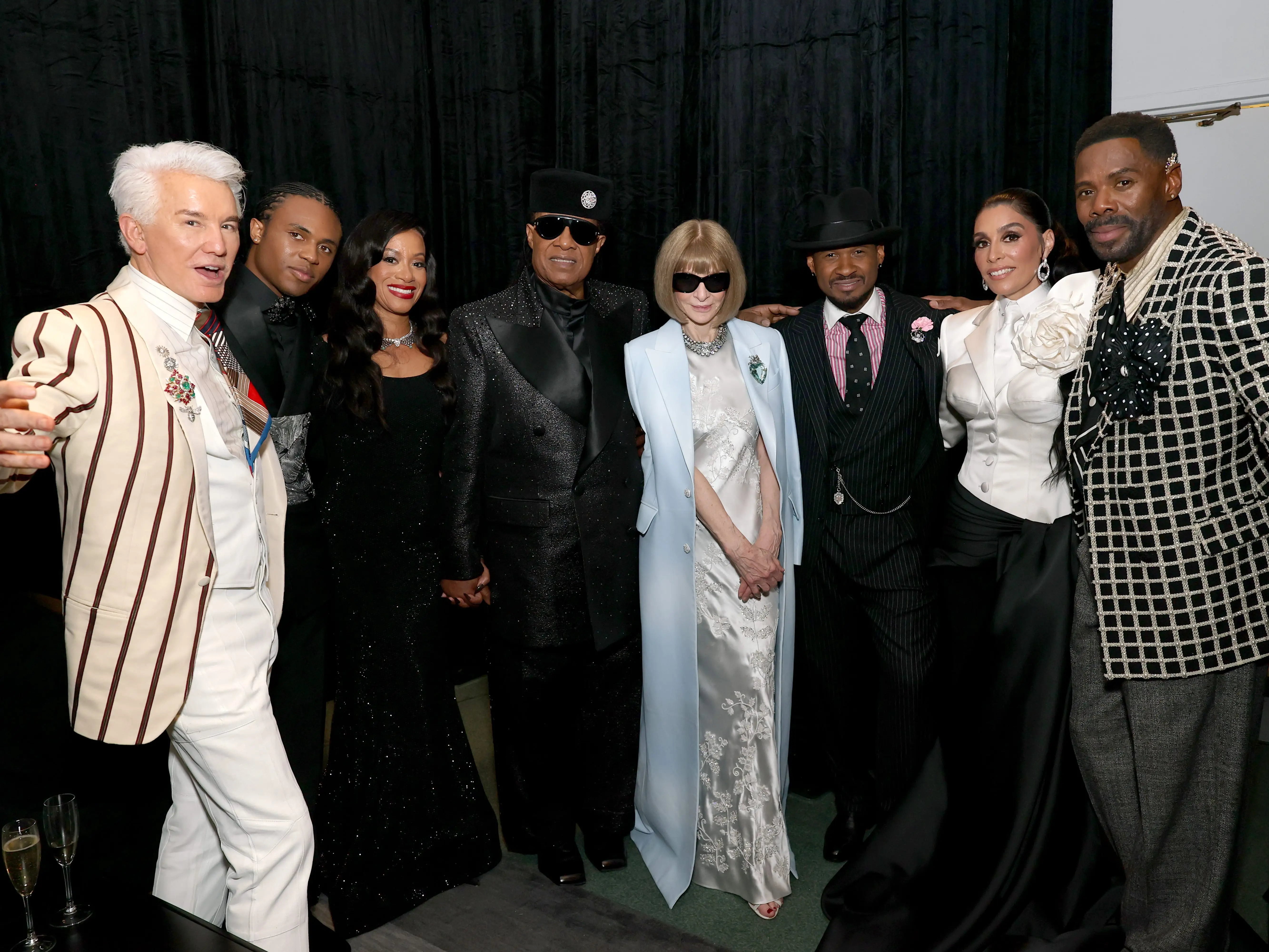 Baz Luhrmann, Kailand Morris, Tomeeka Robyn Bracy, Stevie Wonder, Anna Wintour, Usher, Jennifer Goicoechea Raymond and Colman Domingo attend the 2025 Met Gala Celebrating 