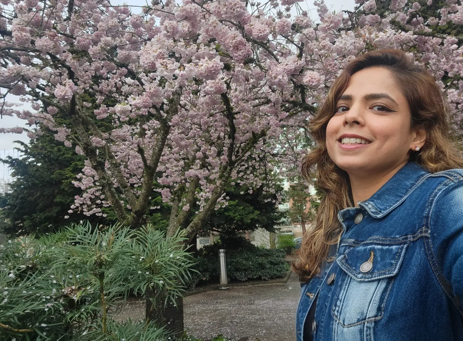 The writer wearing a denim jacket and standing in front of pink trees in Seattle.