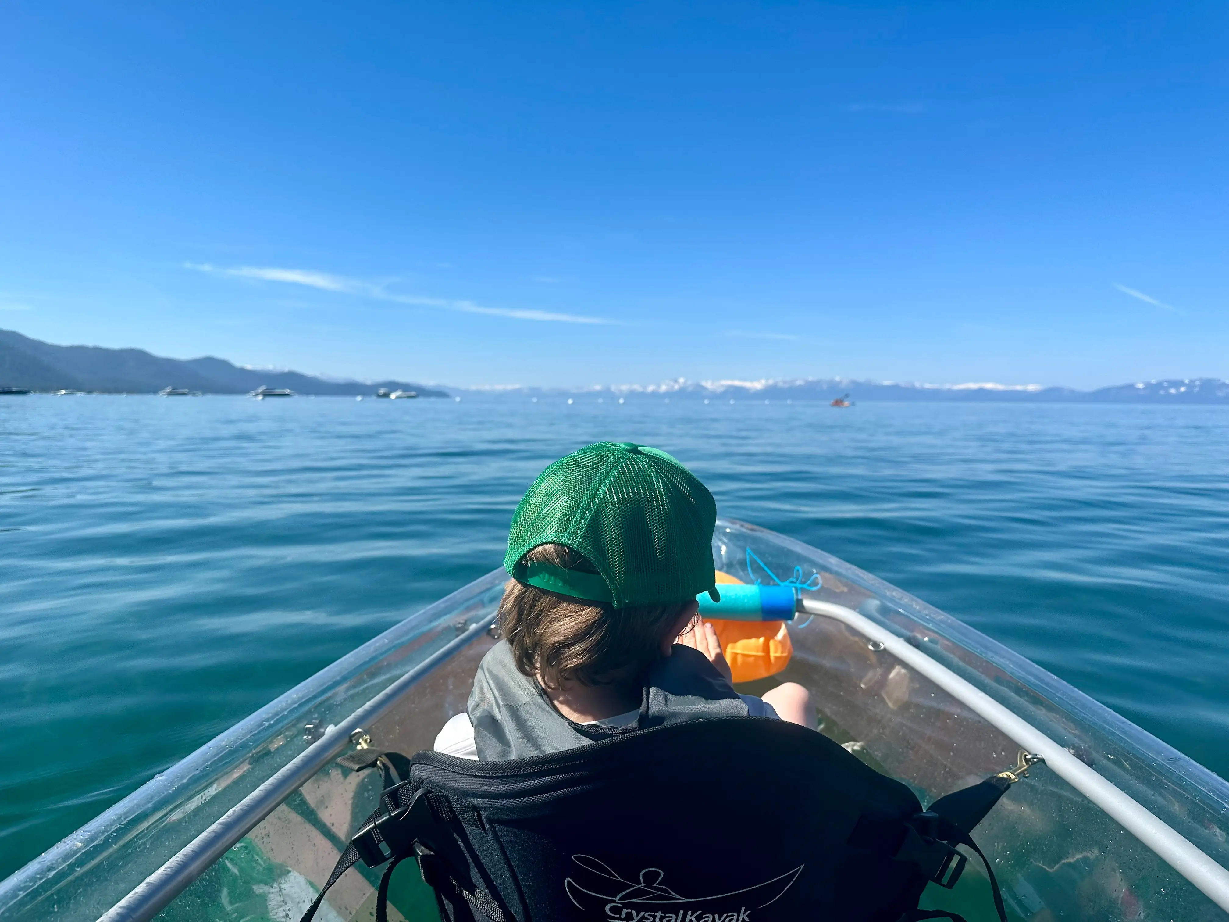 The author and her son kayaking in Lake Tahoe.