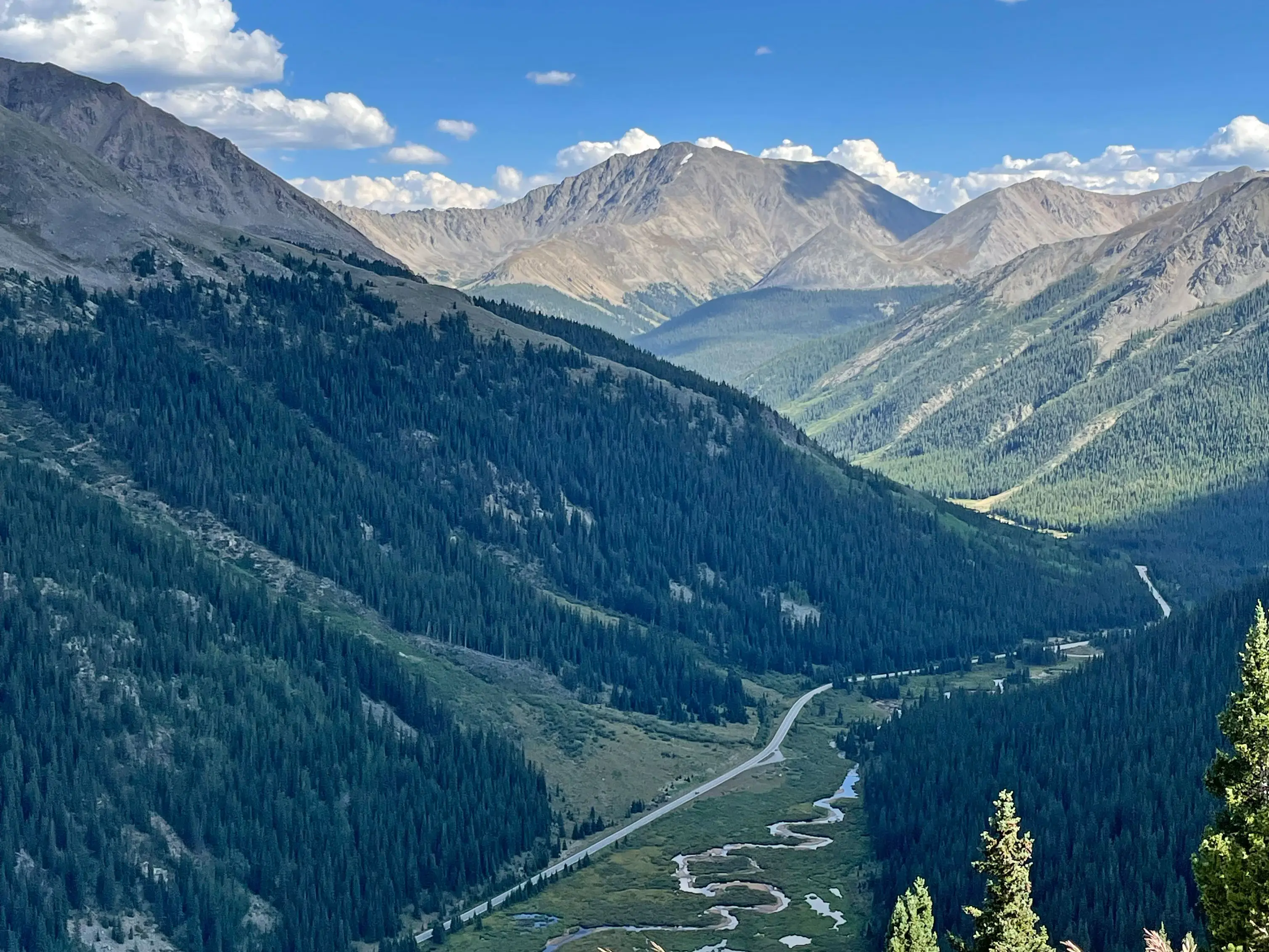 A road that winds between tree-covered mountains.