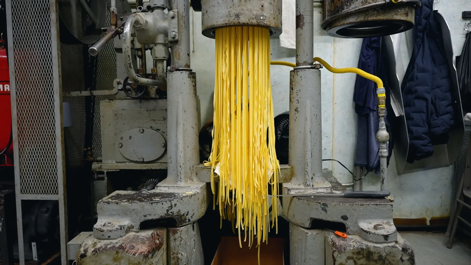 Old pasta machine from 1909 with giant strands of pasta hanging from it.