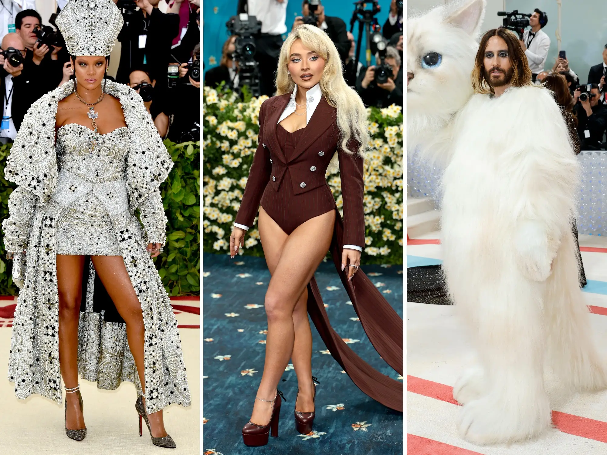 Split image of Rihanna at the 2018 Met Gala, Sabrina Carpenter at the 2025 Met Gala, and Jared Leto at the 2023 Met Gala.