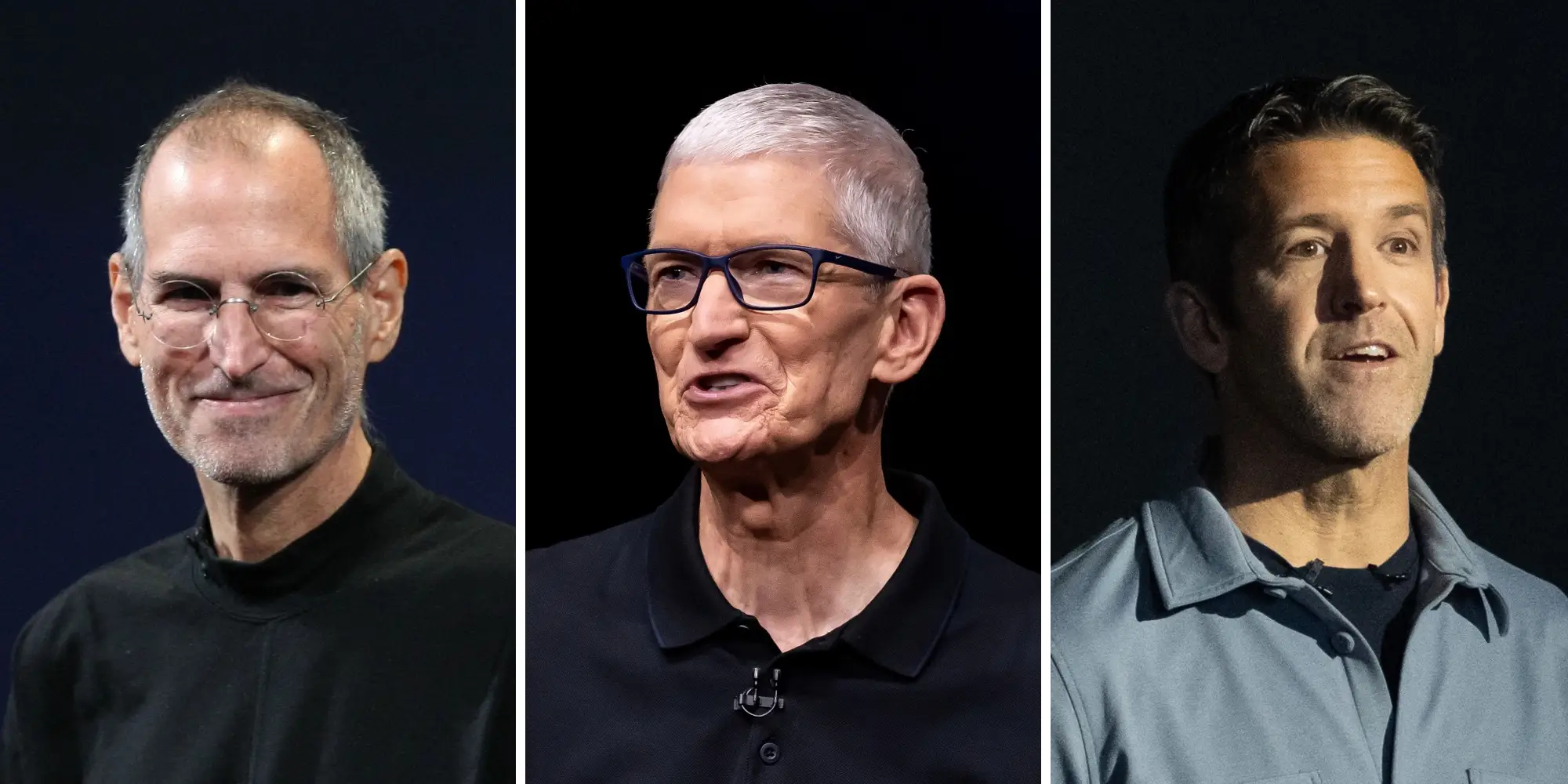 Composite image of Steve Jobs, Tim Cook, and John Ternus.