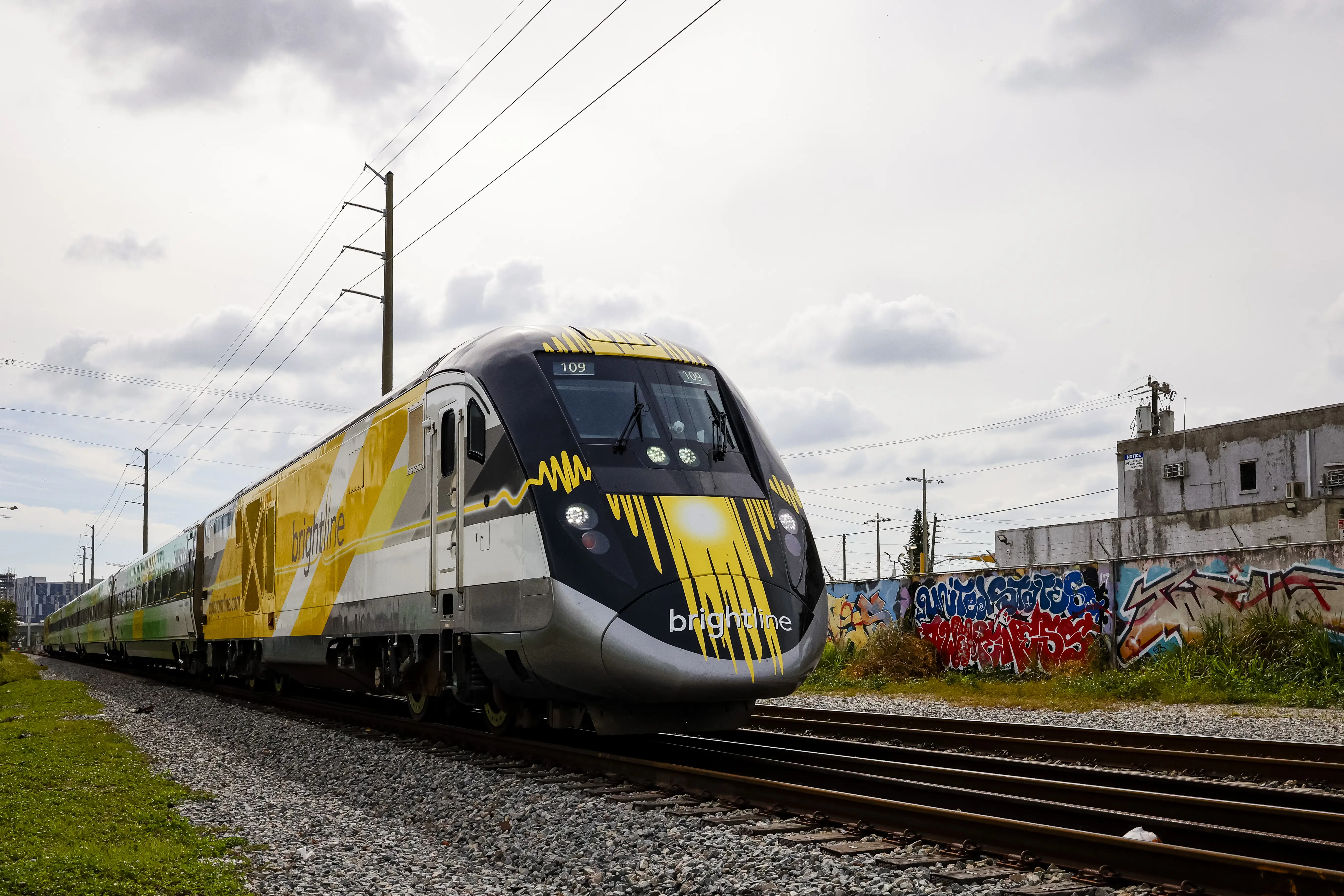 A Brightline train in Miami, Florida, US, on Thursday, Feb. 1, 2024.
