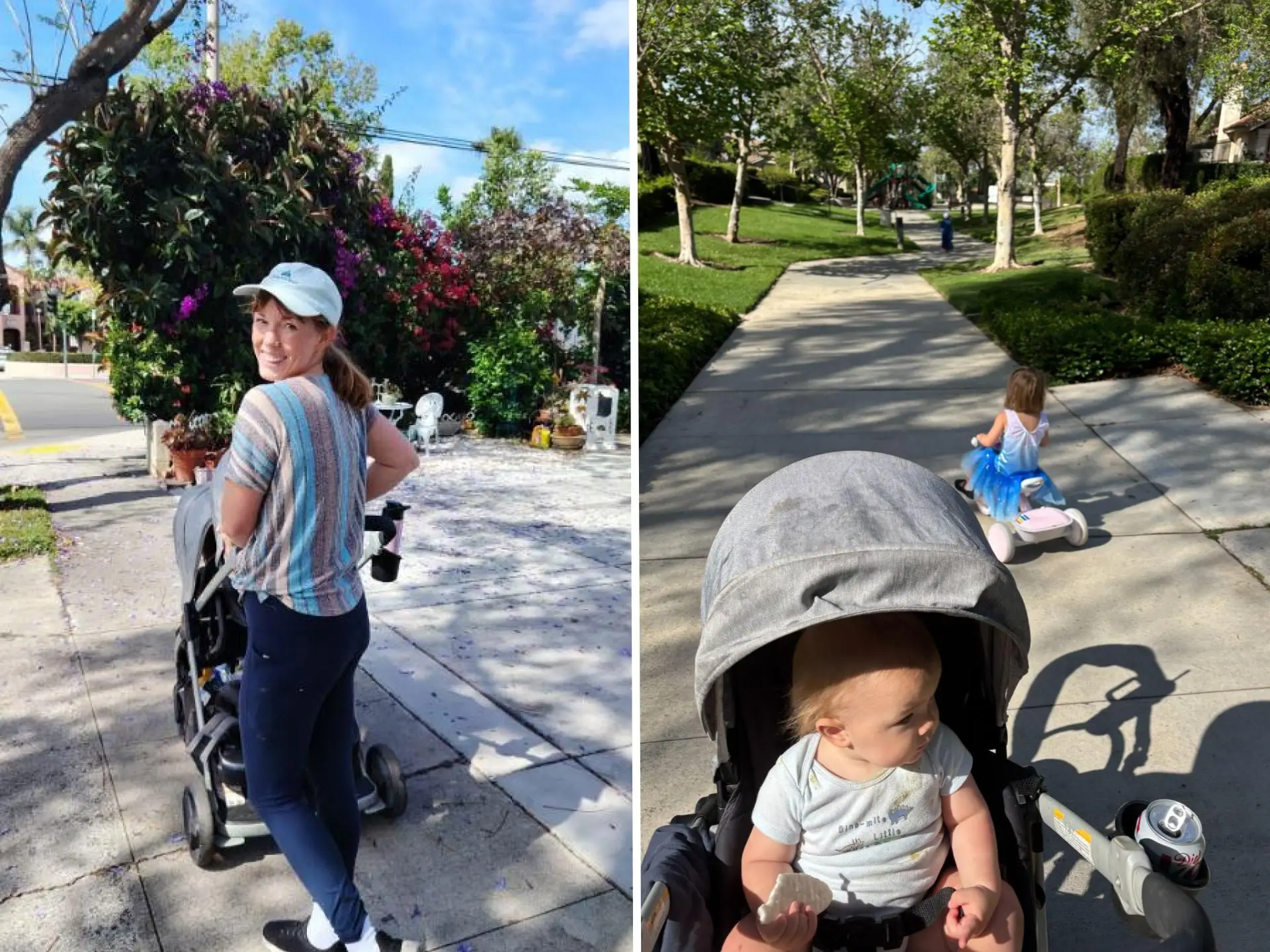 Composite image — on the left, the author is walking and smiling while pushing a stroller, on the right is a baby in a stroller and a three-year-old on a small toy bike.