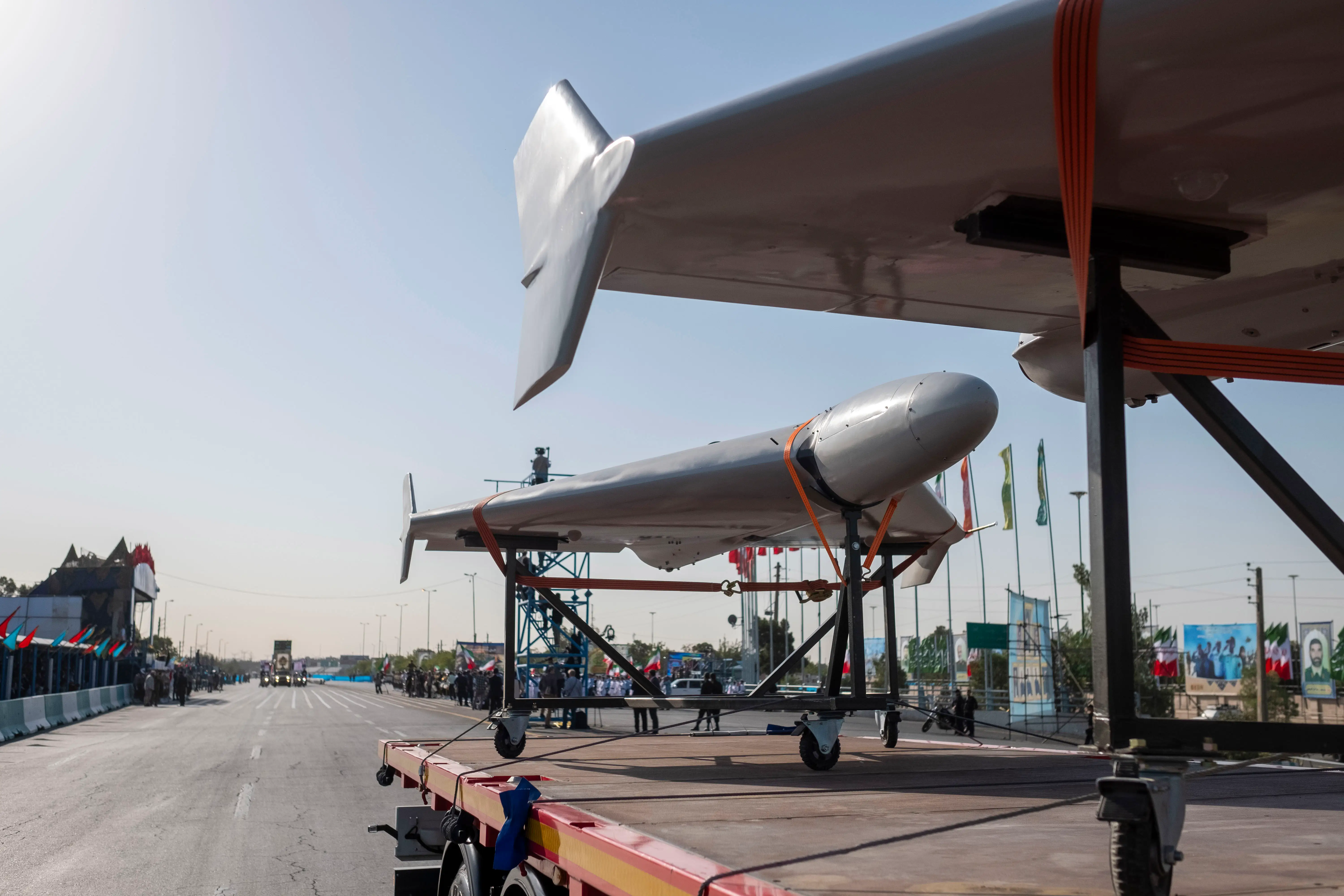 Iranian-made Shahed-136 drones are carried by a truck during a military parade commemorating the anniversary of the Iran-Iraq War outside the Khomeini Shrine in southern Tehran, Iran, on September 21, 2024.