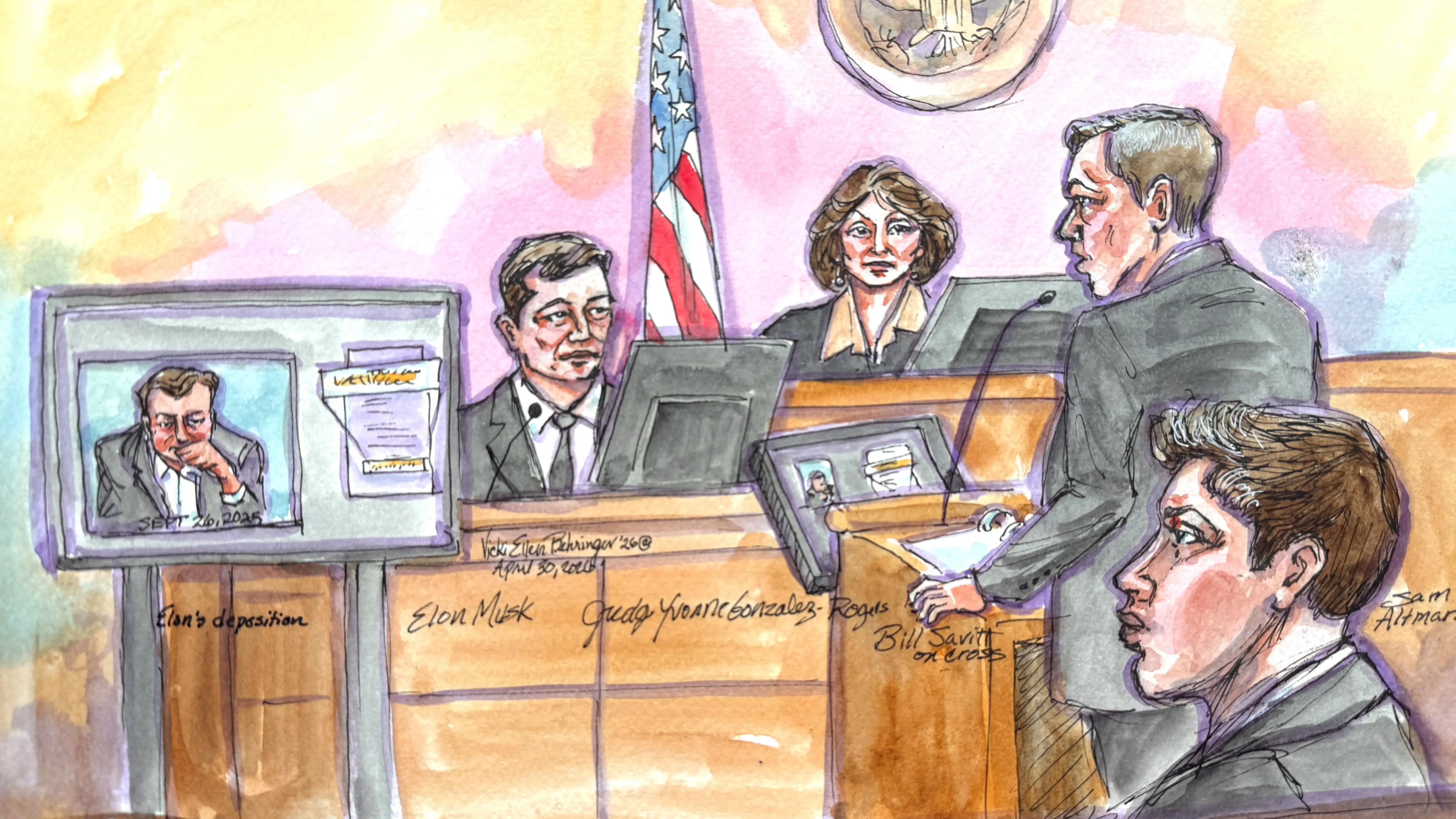 A courtroom sketch of William Savitt cross-examining Elon Musk in Oakland.