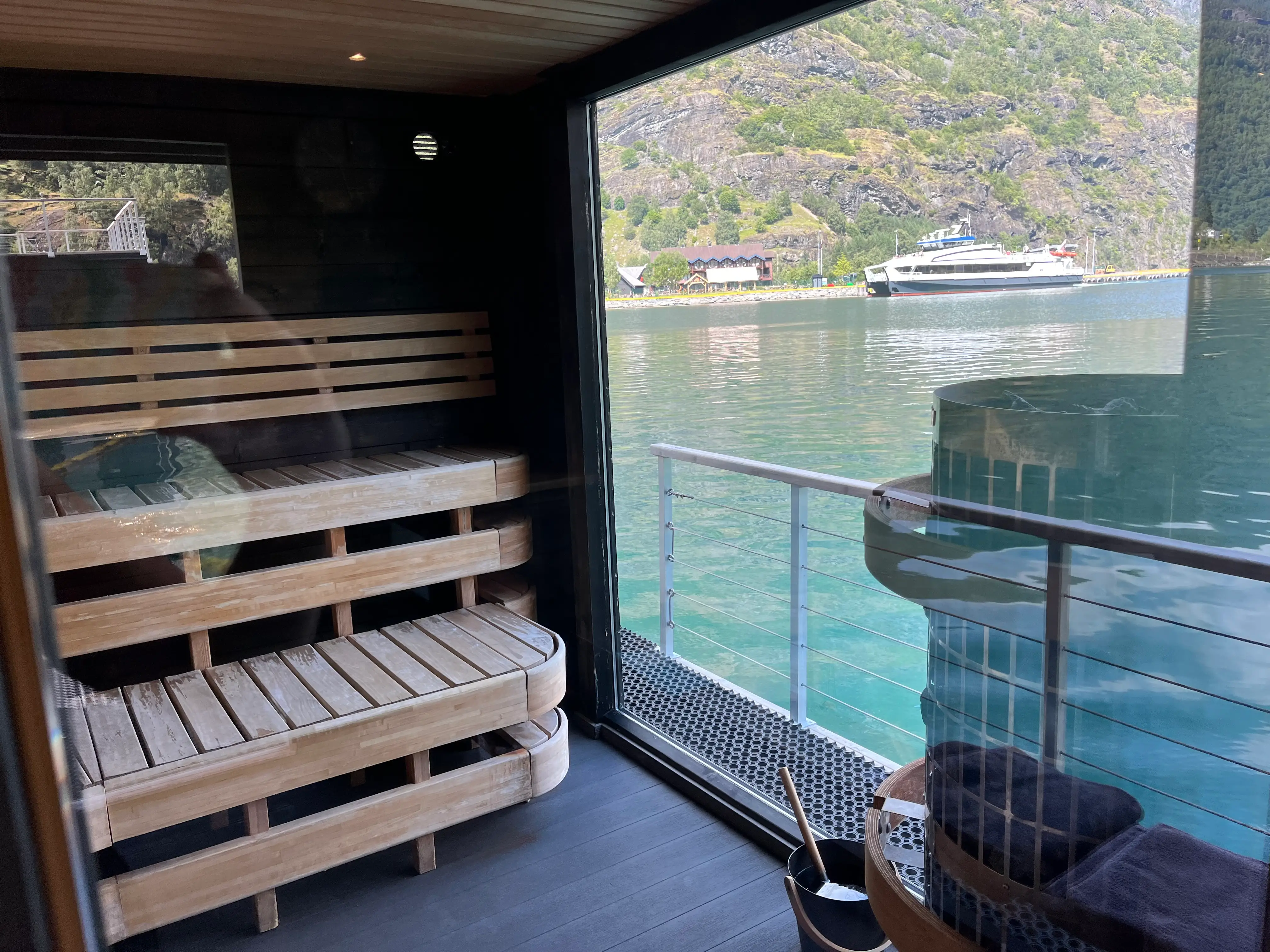 A view from inside a floating sauna.