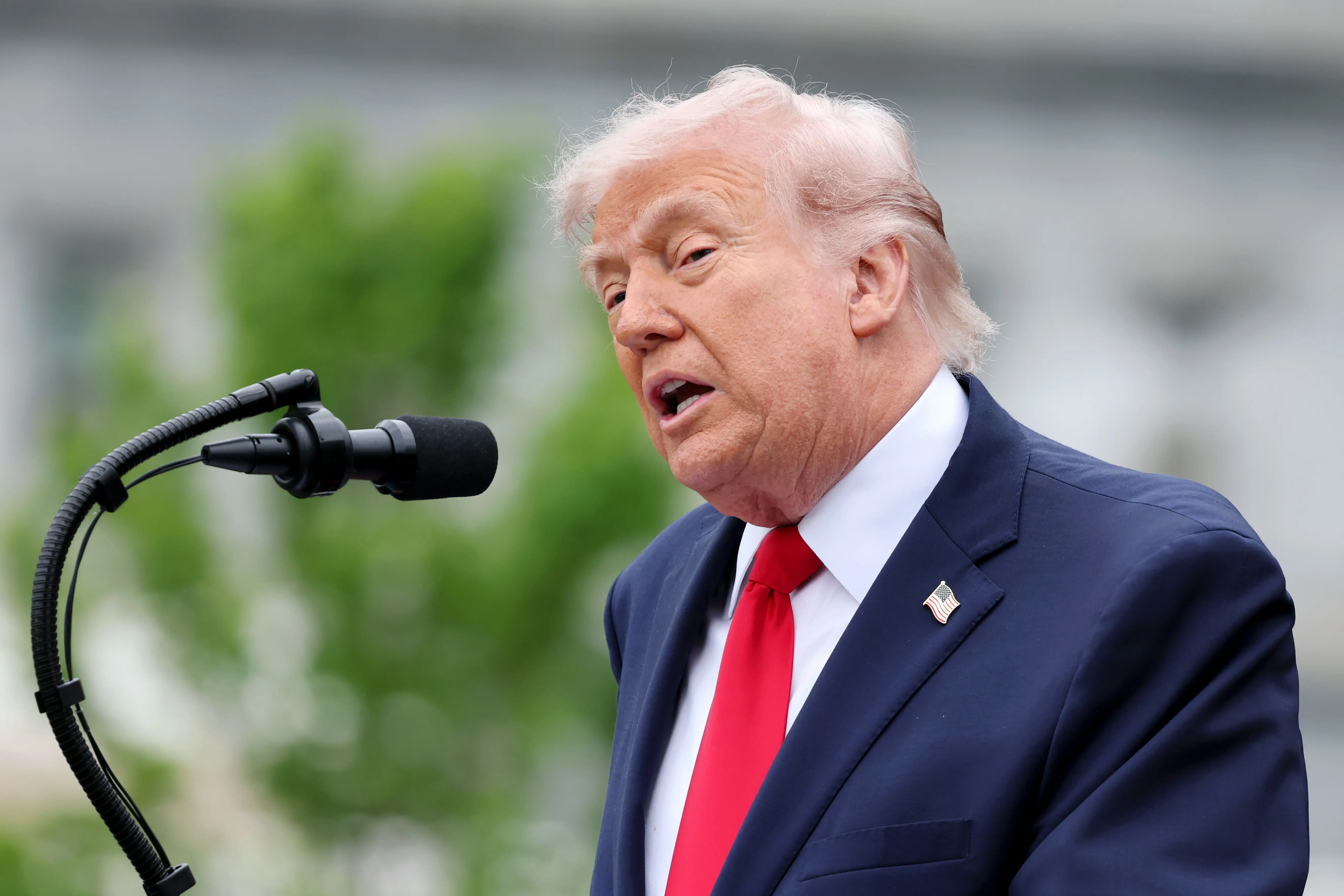 President Donald Trump speaks into a curved, black microphone.