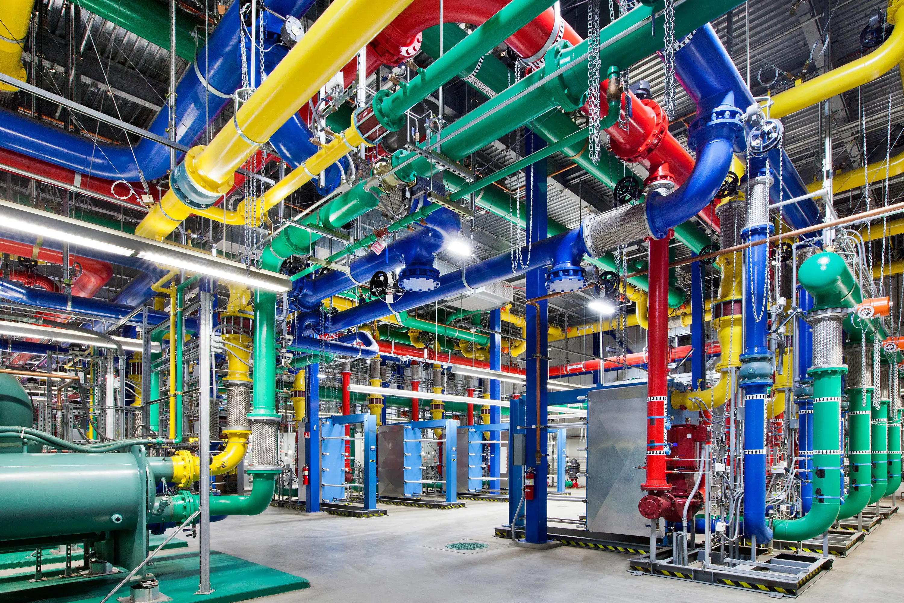 Colorful pipes carrying water in and out of a Google data center in Oregon back in 2012.
