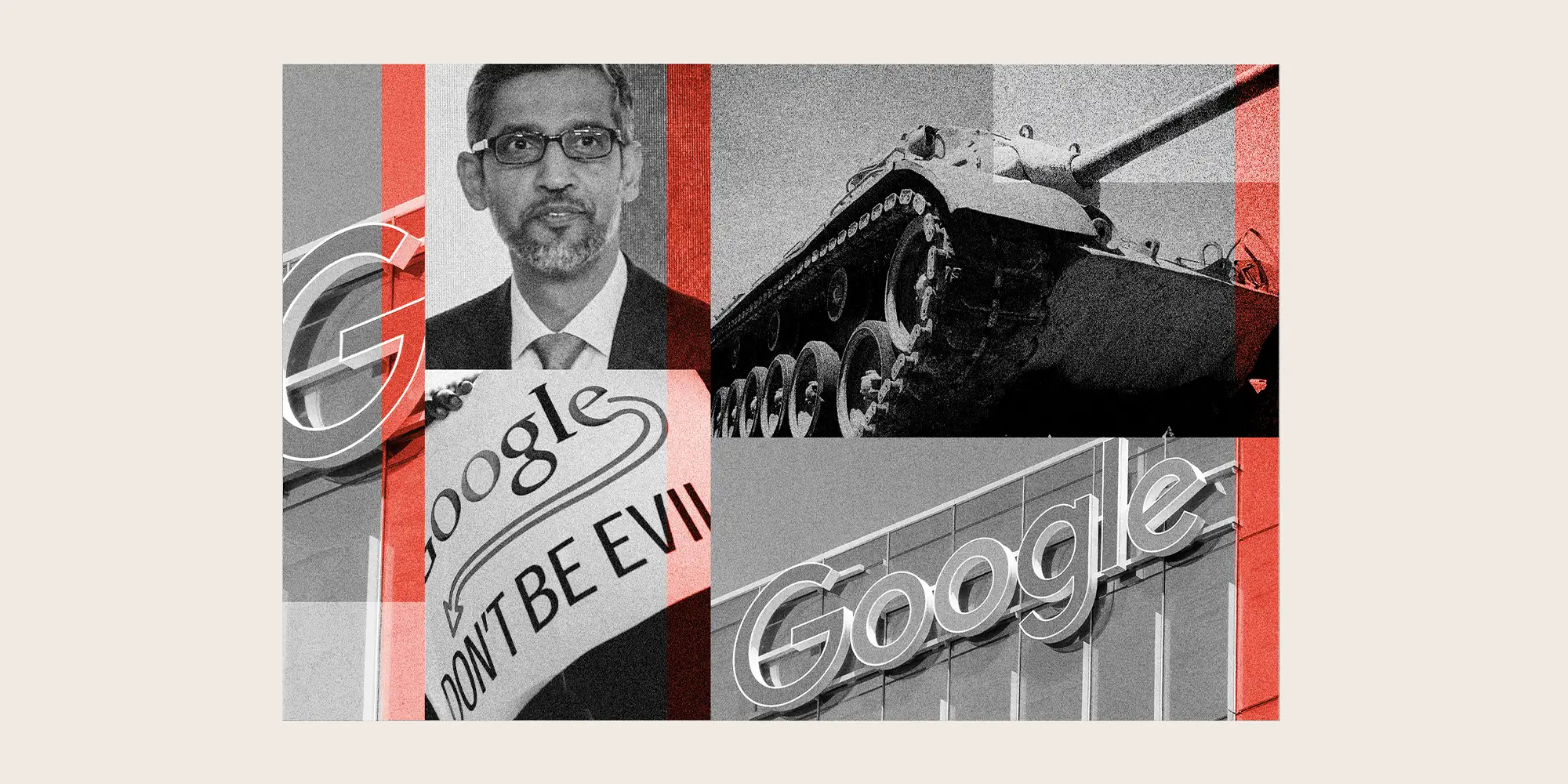 Photo collage featuring Google logo, CEO Sundar Pichai, Army Tank, and a protest sign that reads 