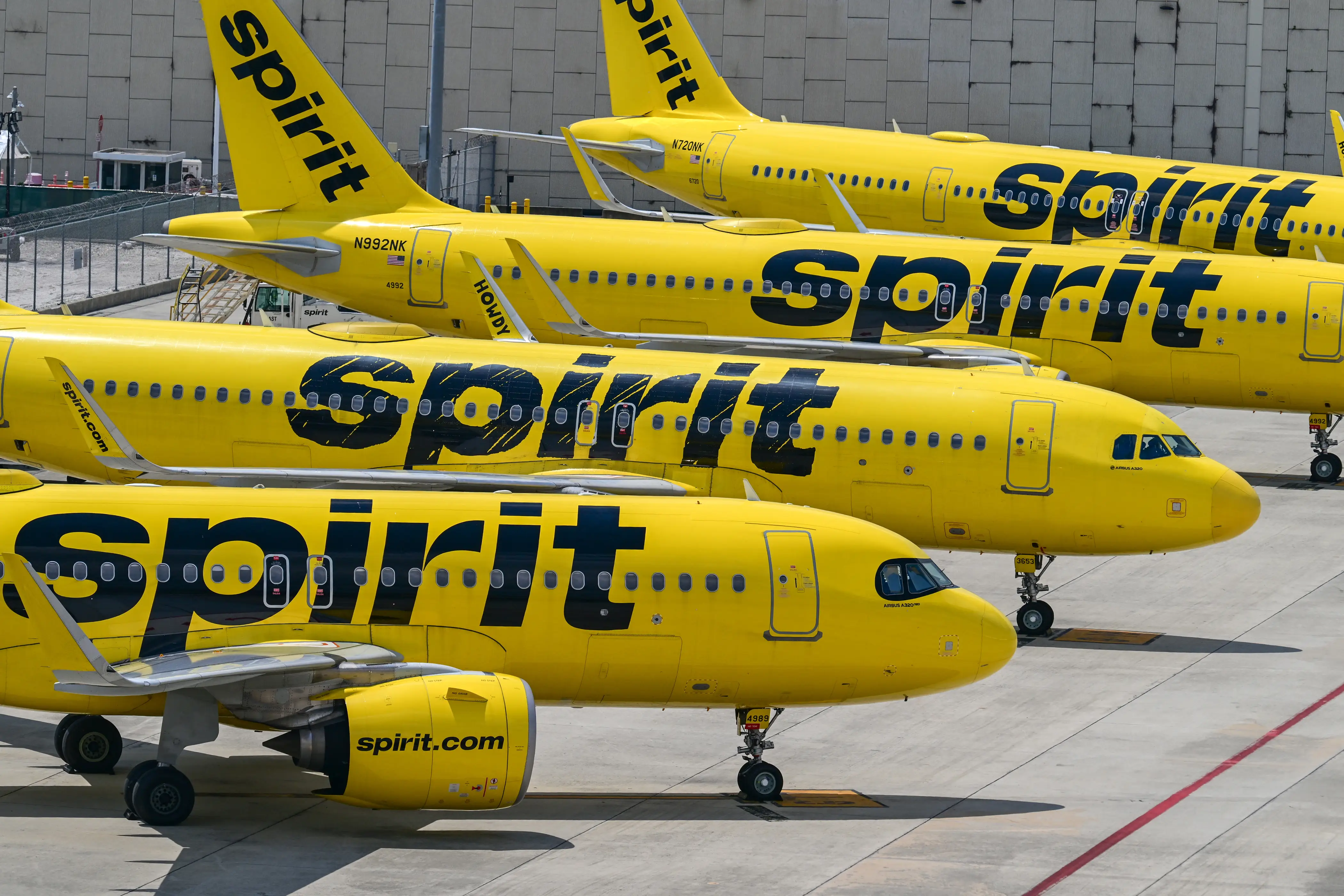 A row of Spirit Airlines jets on the tarmac.