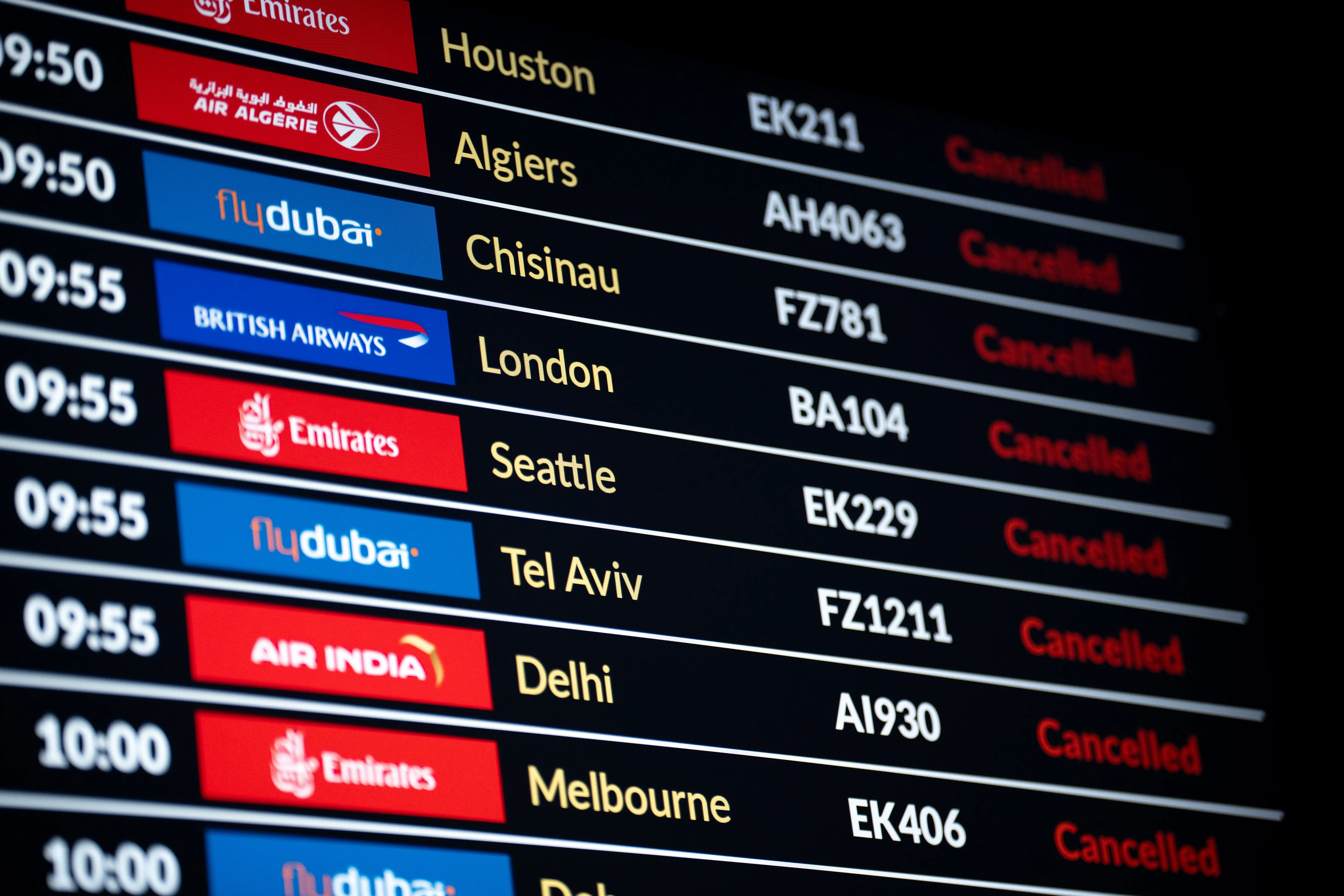 The arrivals and departures board of DXB Dubai International Airport is displayed on a computer screen in Krakow, Poland, on March 4, 2026.