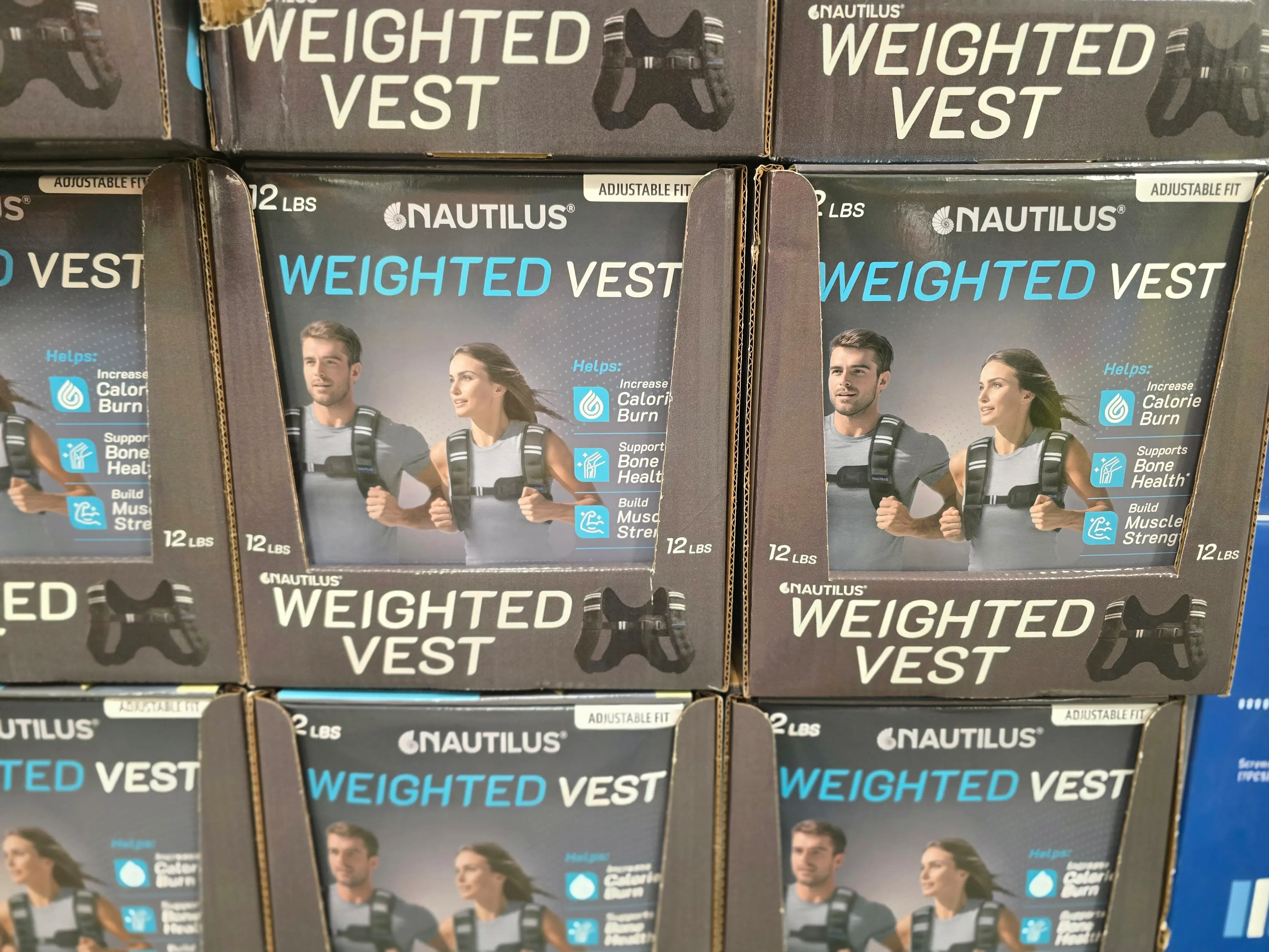 Boxes of Nautilus weighted vests on display at Costco.