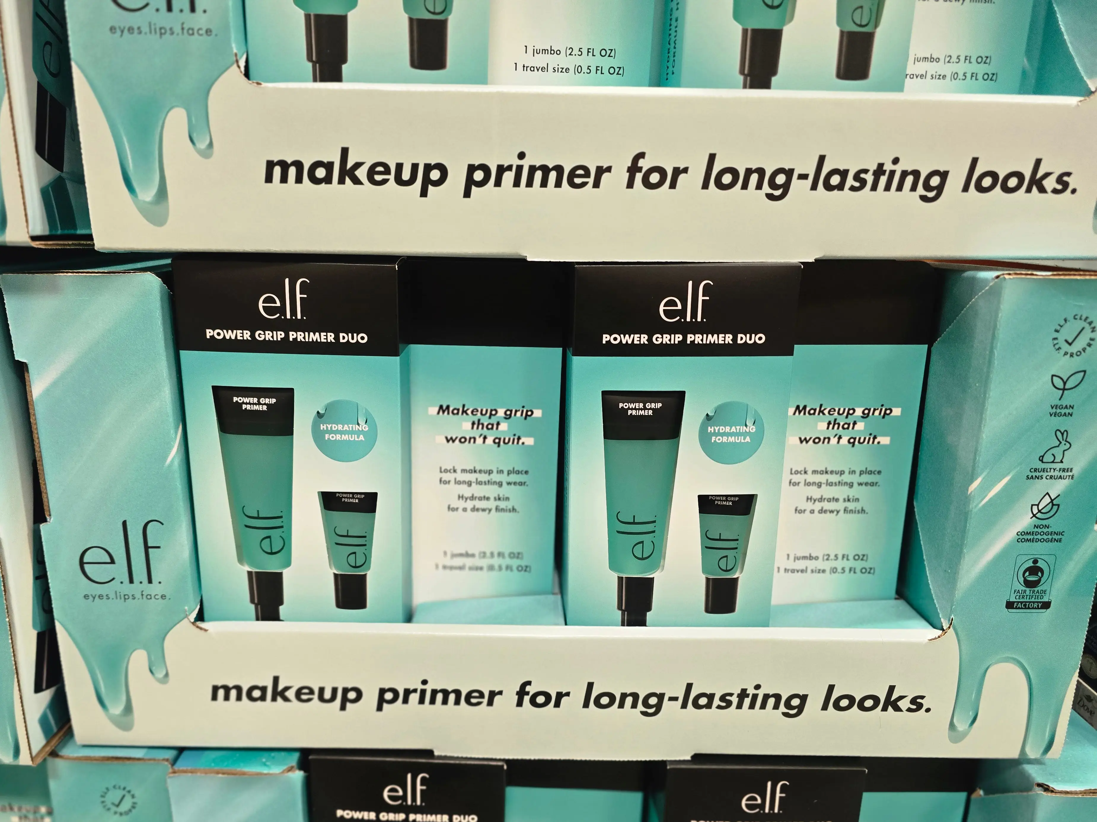 Boxes of ELF makeup primer on display at Costco.