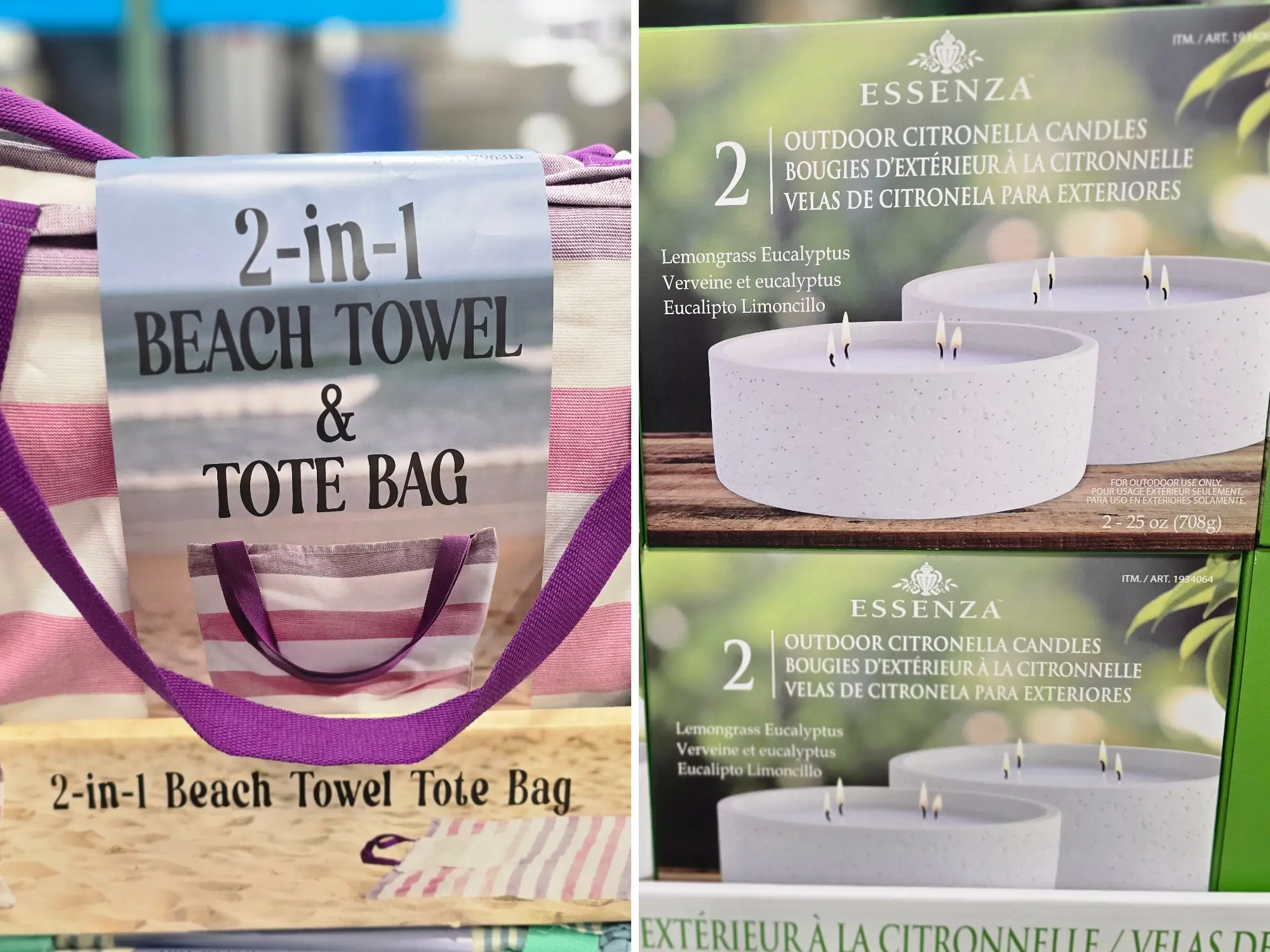 A side-by-side image of a 2-in-1 striped beach towel and tote bag on display at Costco, and boxes of Essenza outdoor citronella candles.
