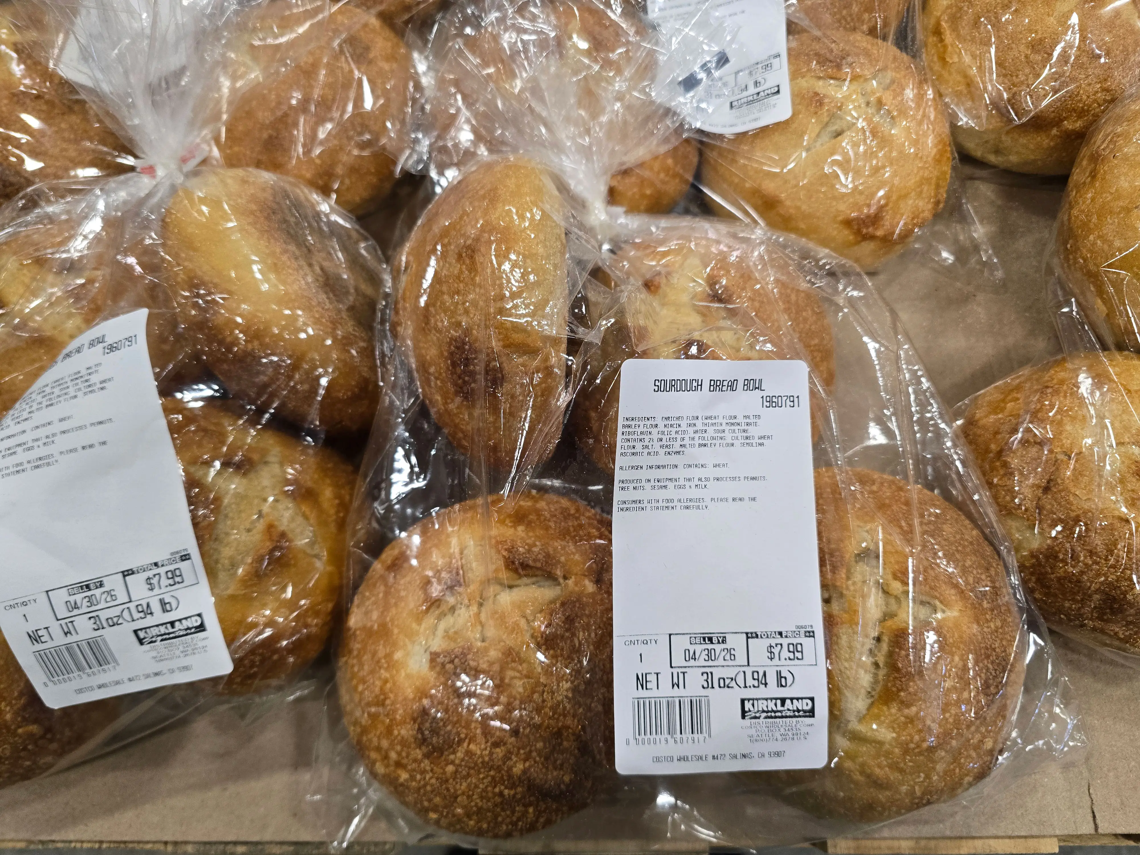Bags of sourdough bread bowls at Costco.