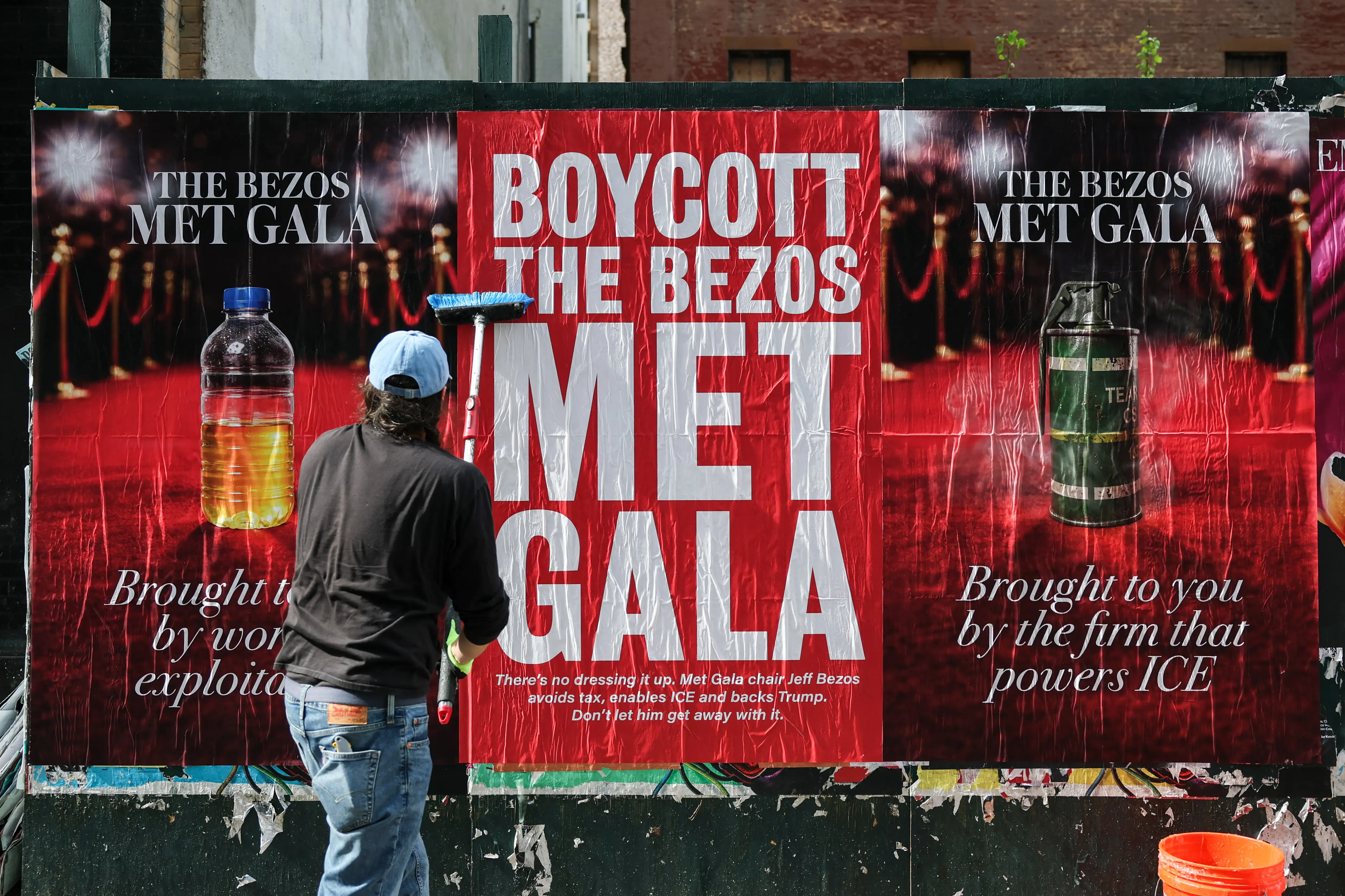 Boycott posters ahead of the 2026 Met Gala in New York City.
