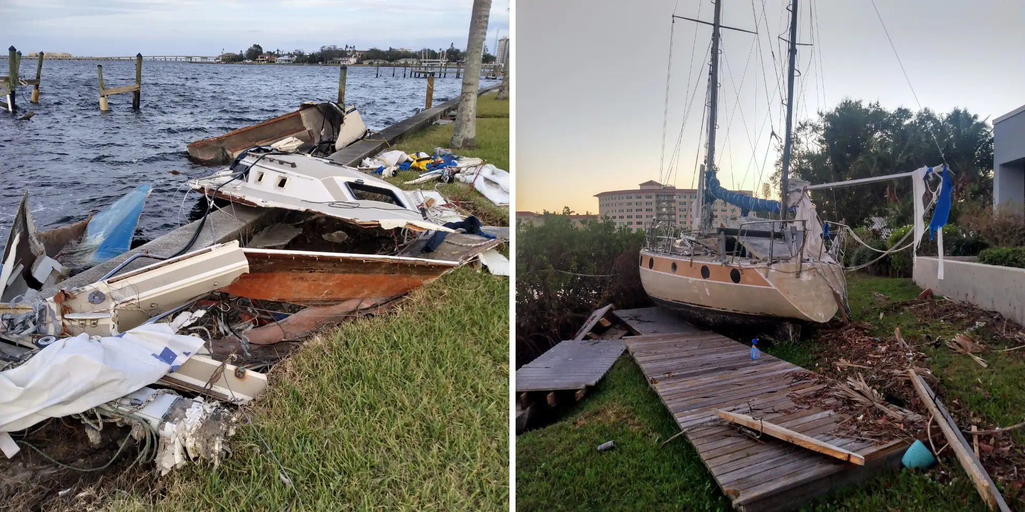 Two side-by-side images of boats destroyed and partially on land following a storm.