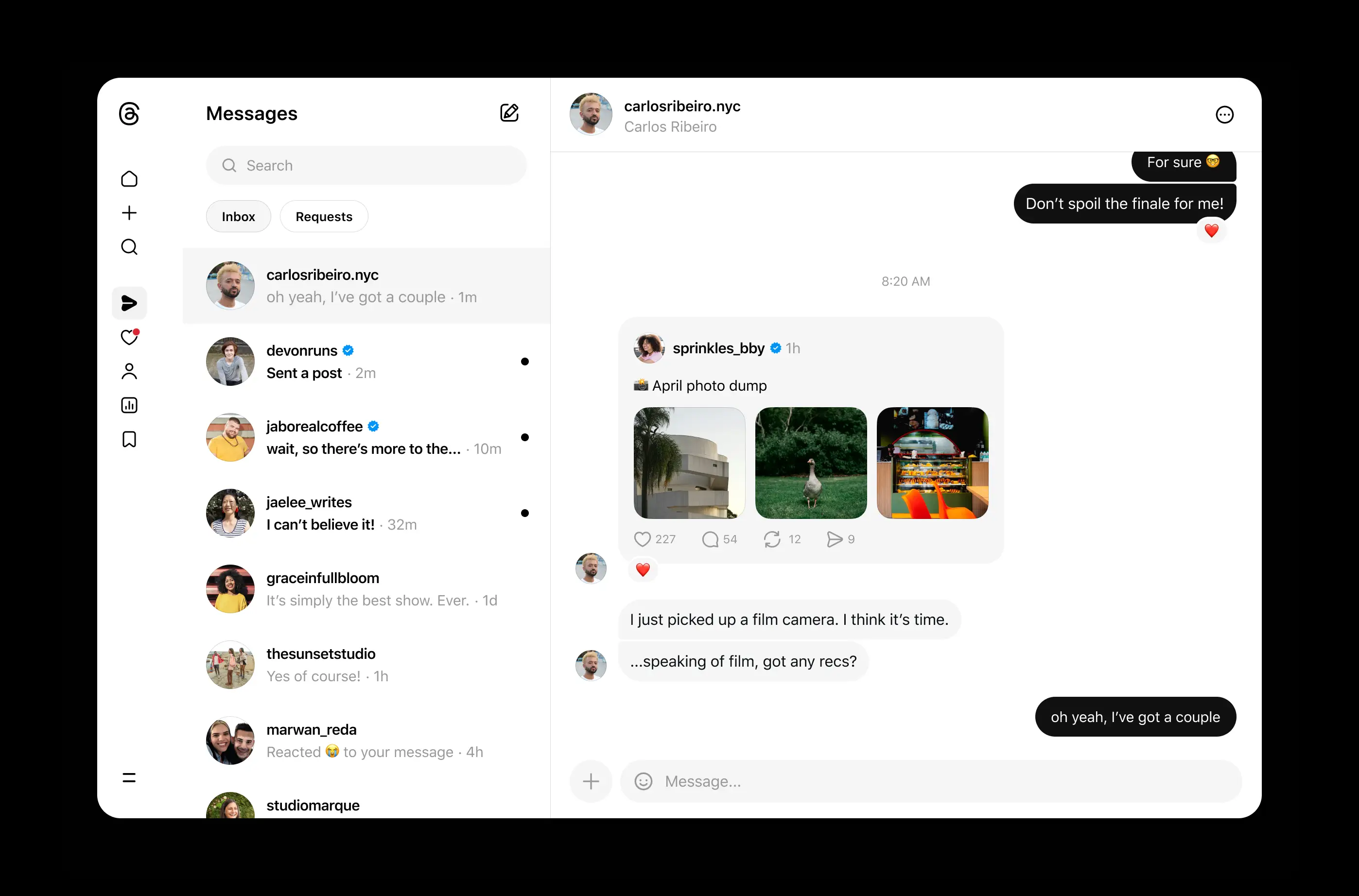 A screenshot of a direct message on Threads.