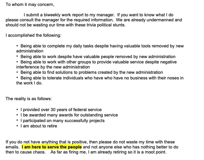 Screenshot of federal worker email