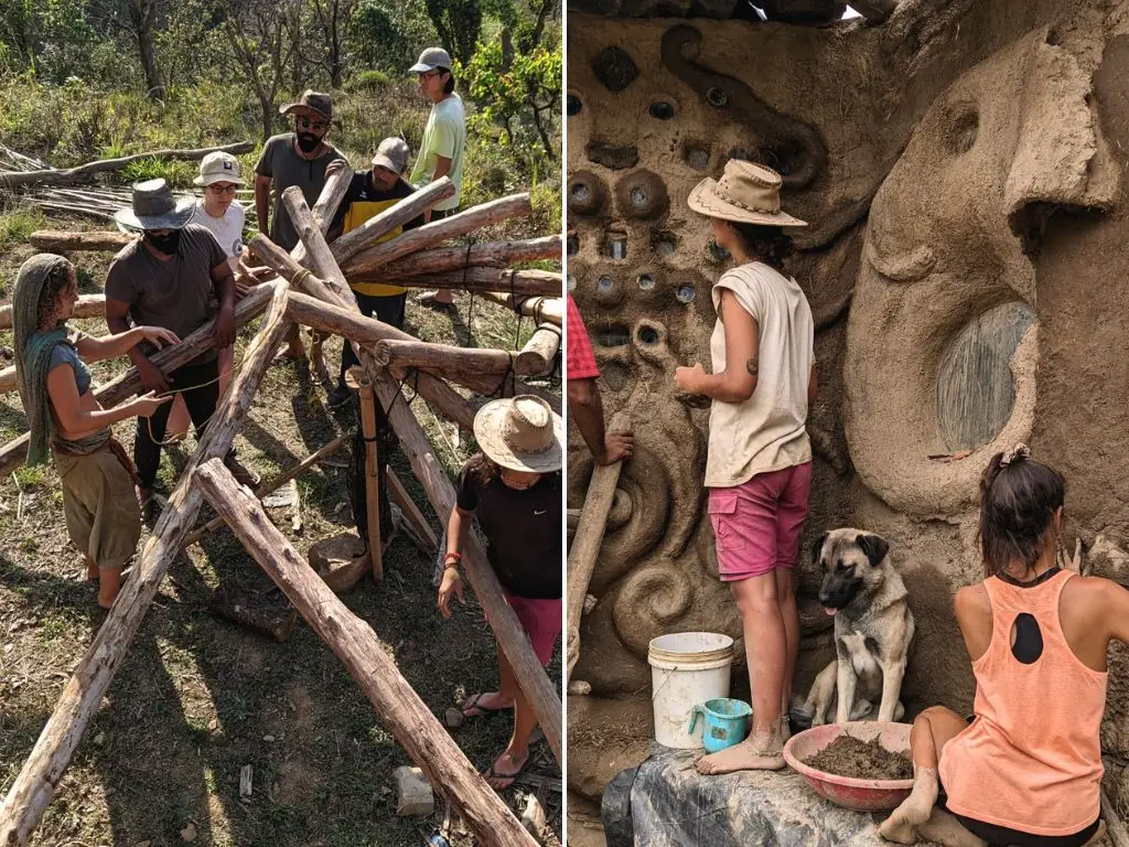Volunteers helping Ansh and Raghav with the construction.