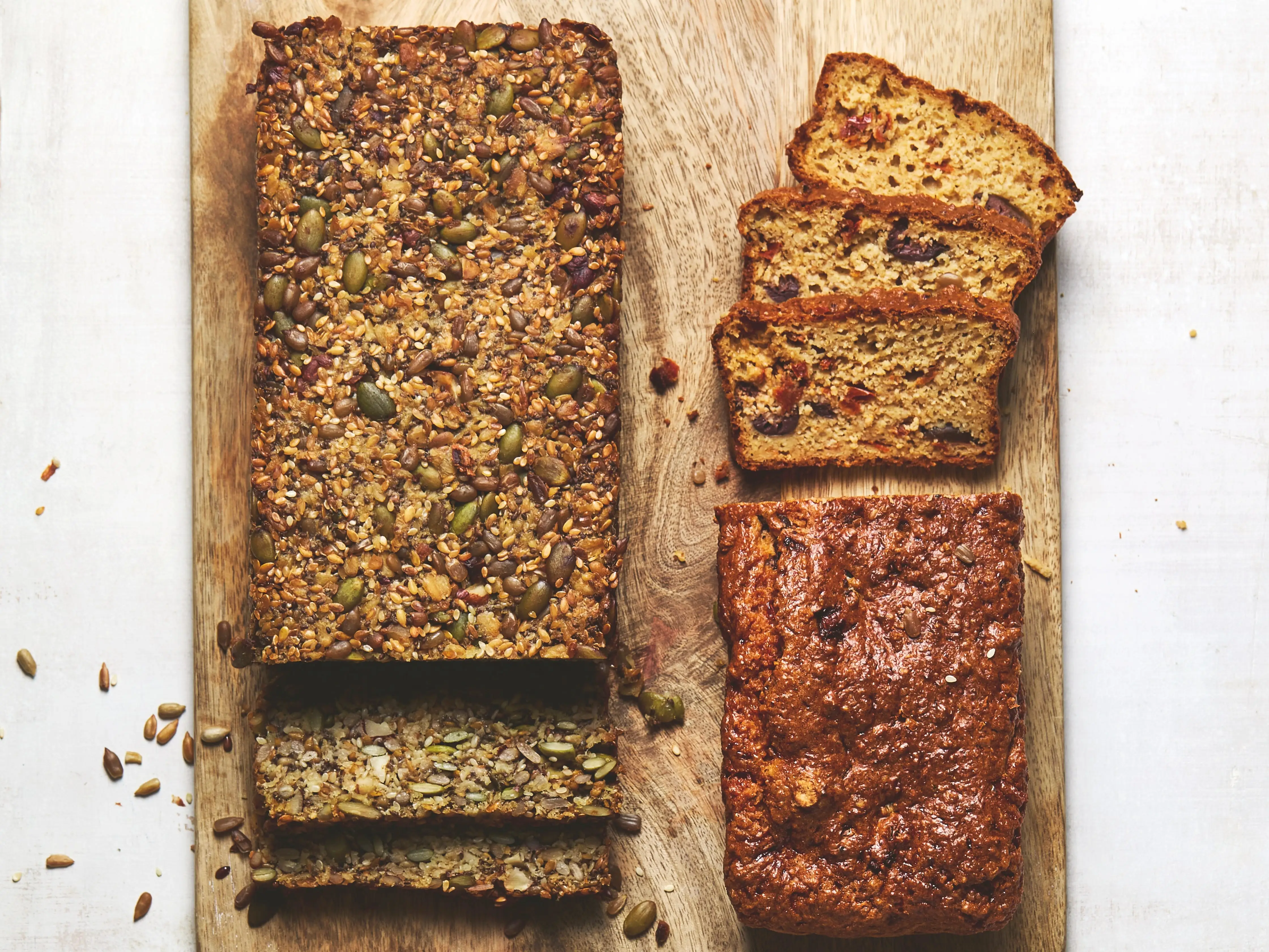 Seeded loaves of bread.