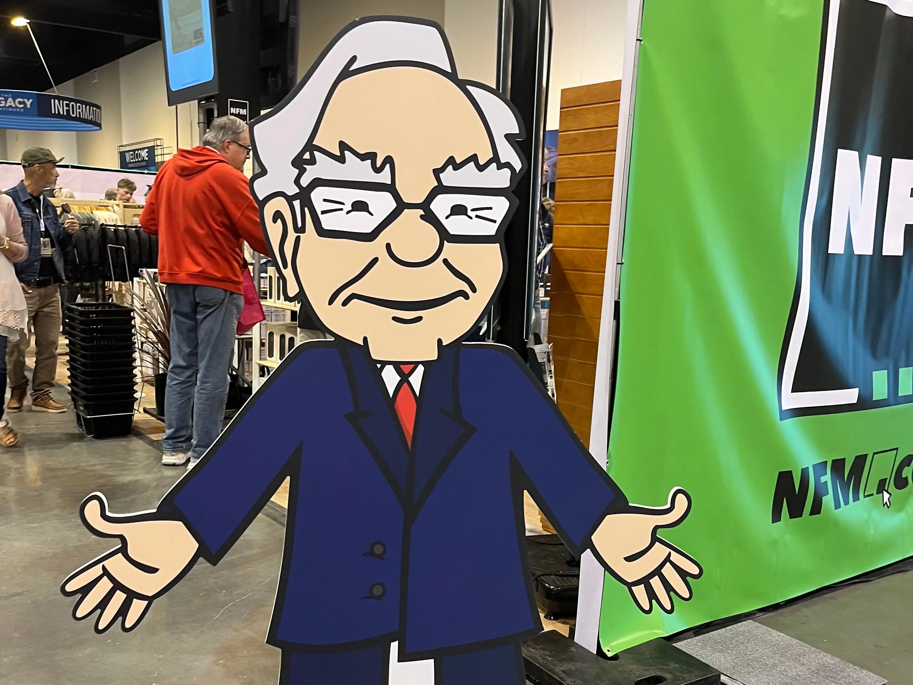 A cardboard cutout of Warren Buffett outside the Nebraska Furniture Mart booth.