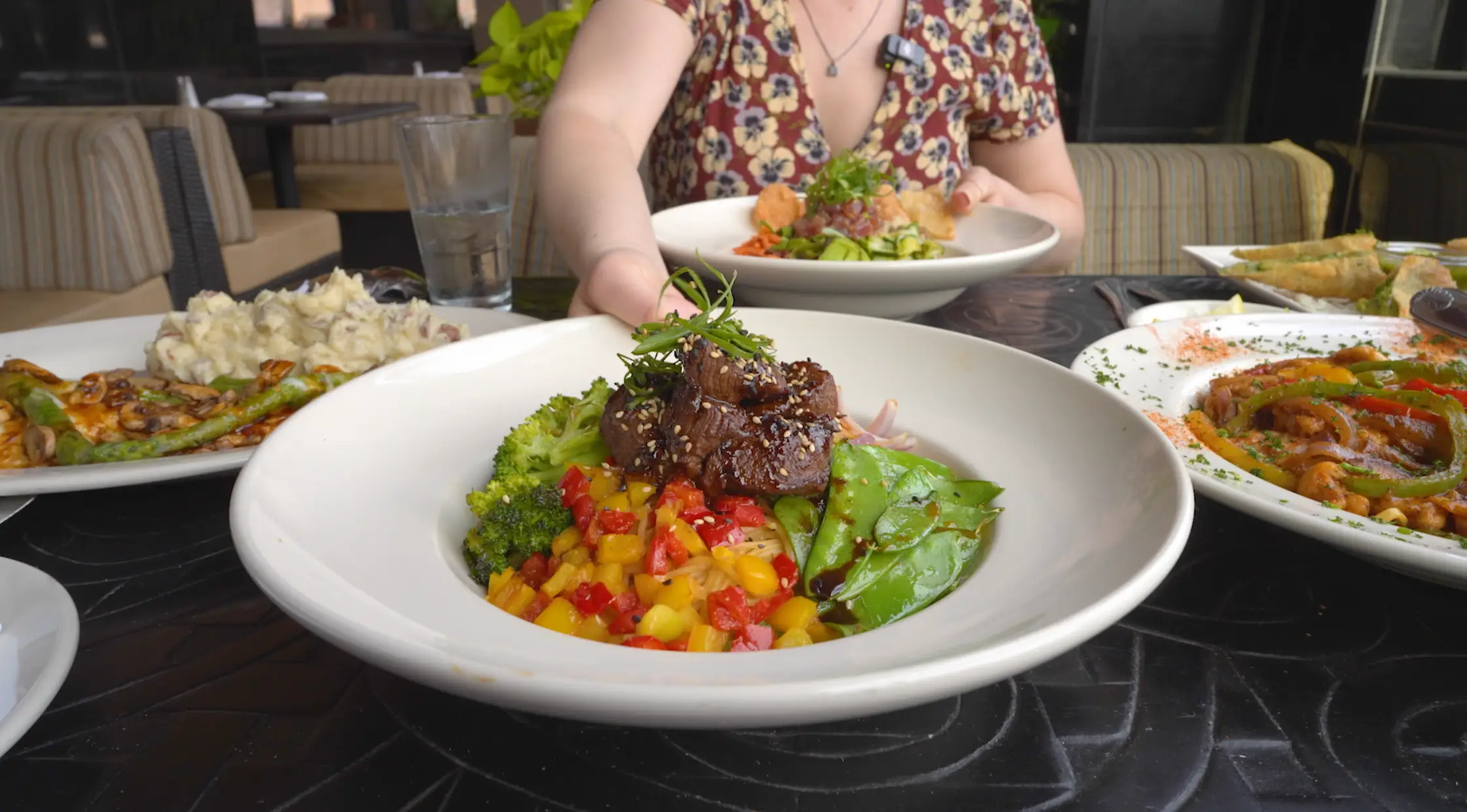 Plate of a steak dish at The Cheesecake Factory.