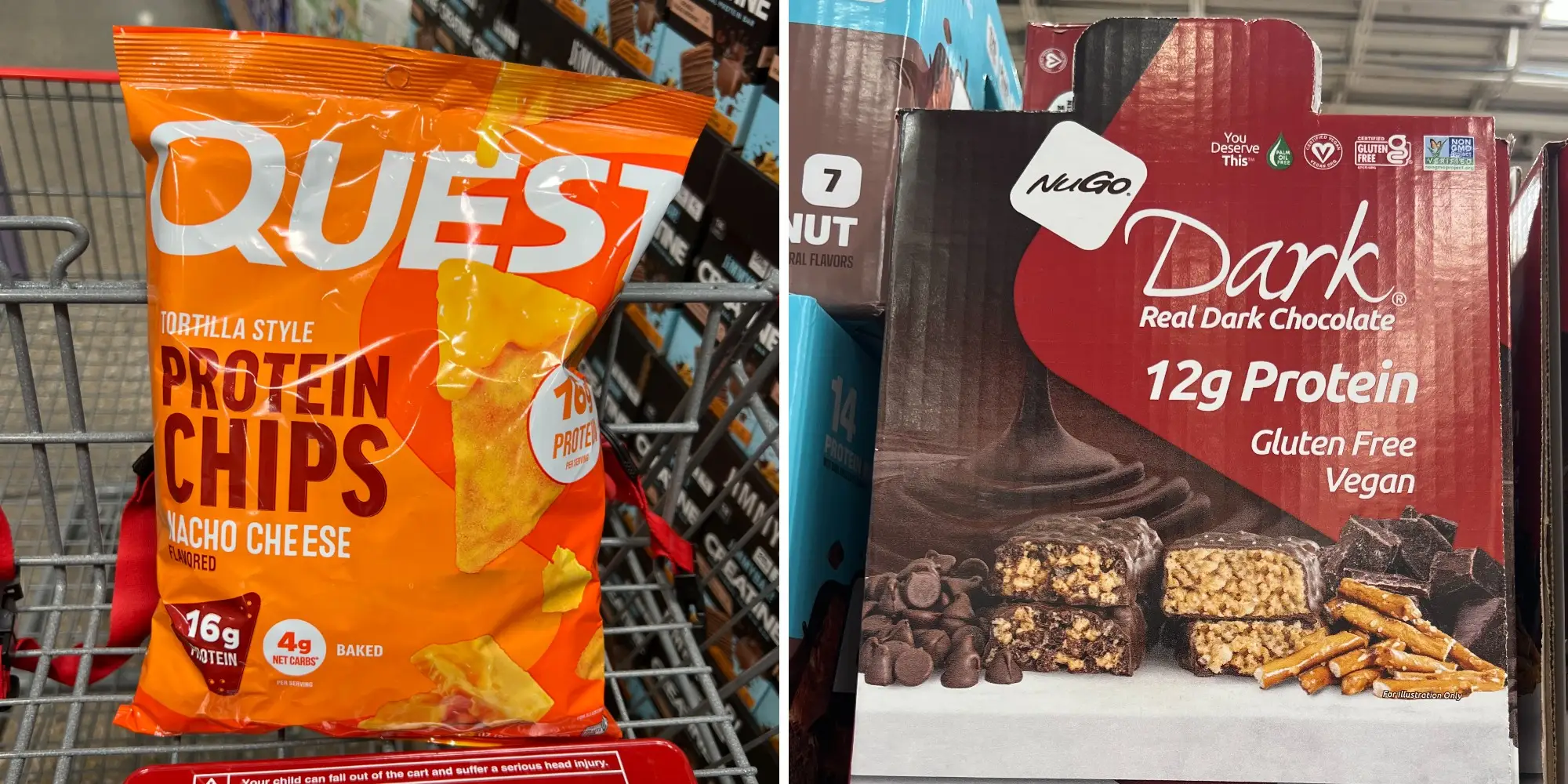 A side-by-side image of a bag of Quest protein chips and a box of NuGo protein bars.