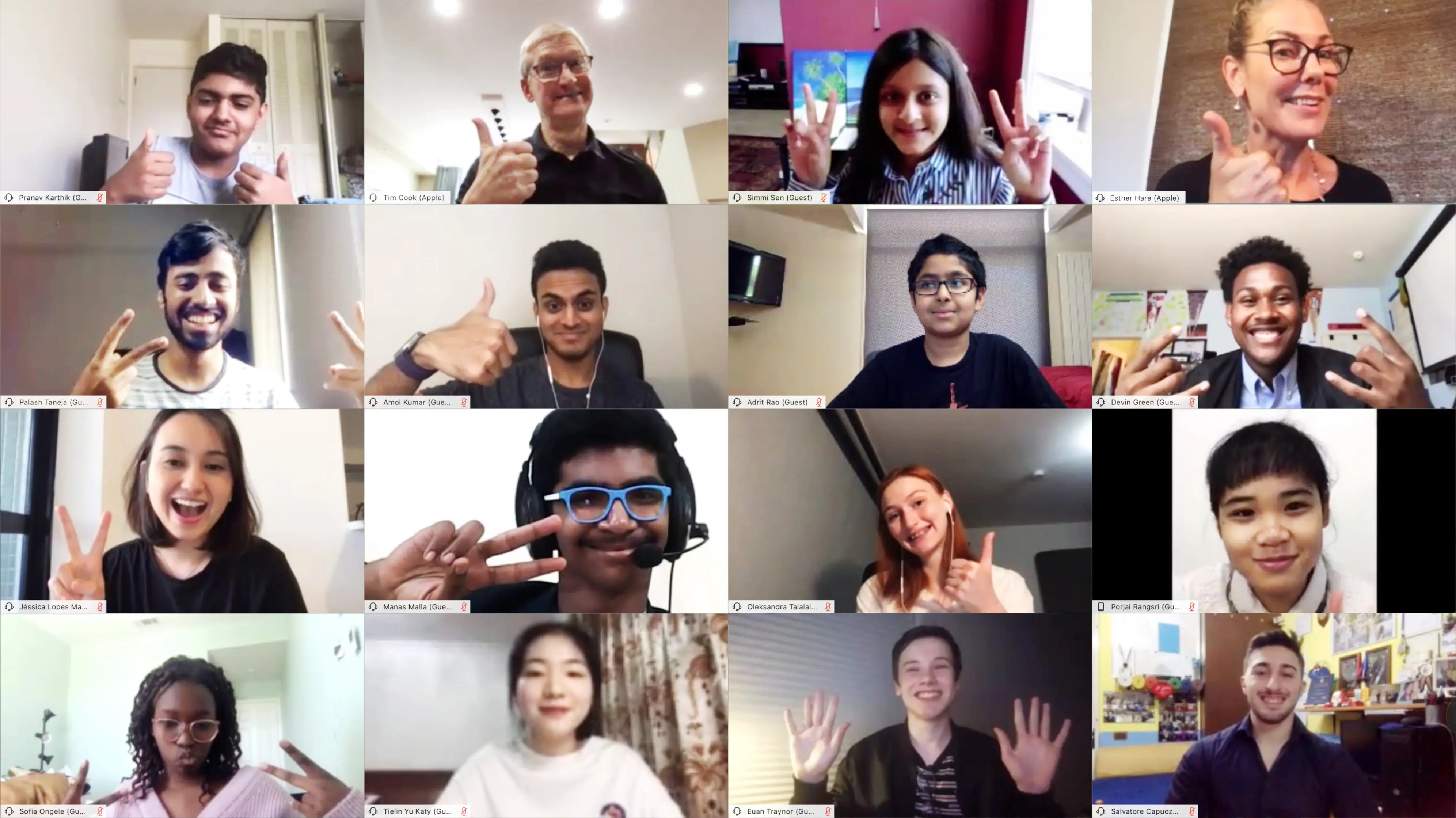 A screenshot from a video chat with the winners of Apple's 2020 Swift Student Challenge, including Adrit Rao, and the company's CEO, Tim Cook.