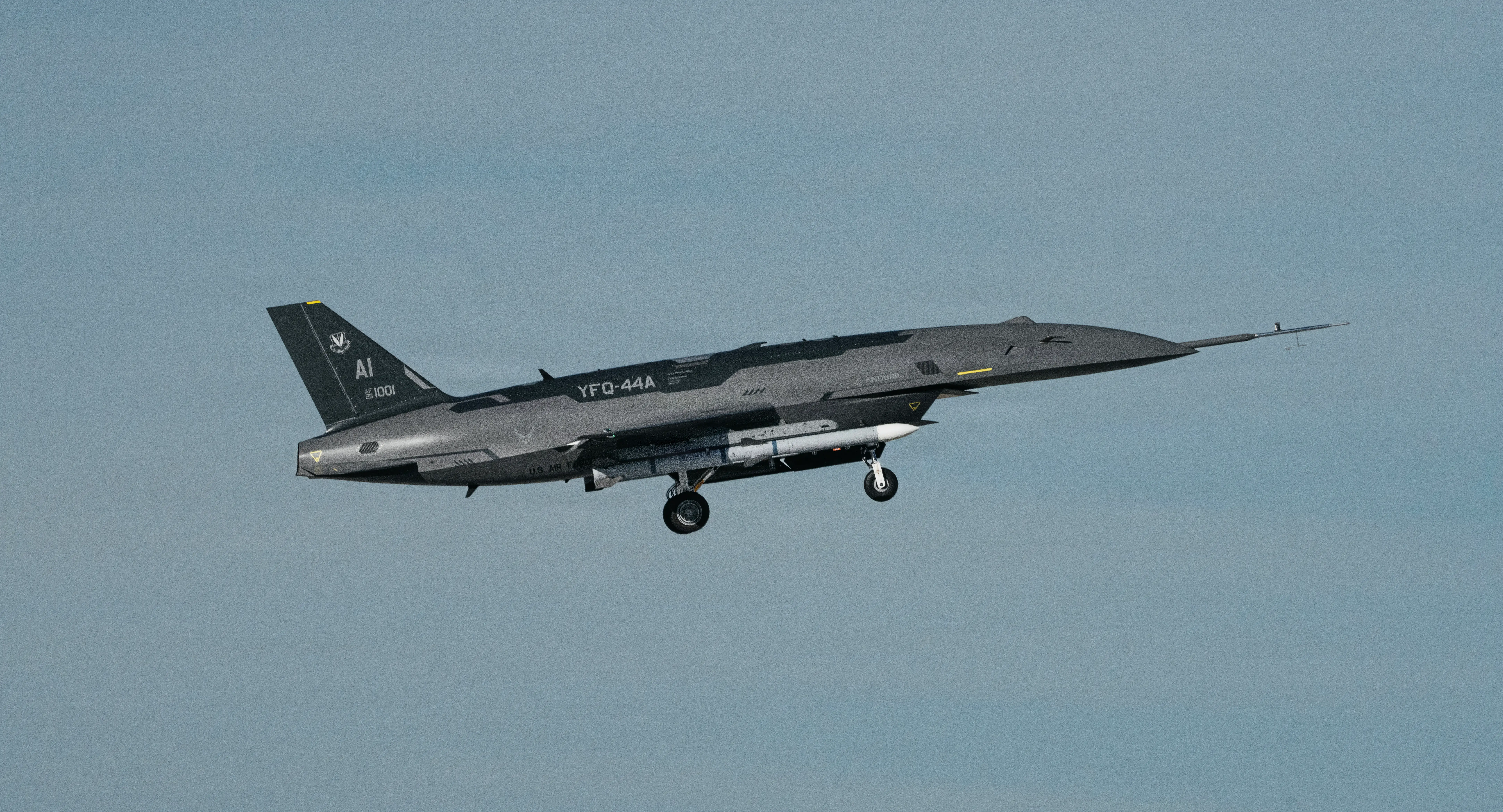A YFQ-44A, part of the US Air Force's Collaborative Combat Aircraft (CCA) program, undergoes an undated captive carry test at a California test location.