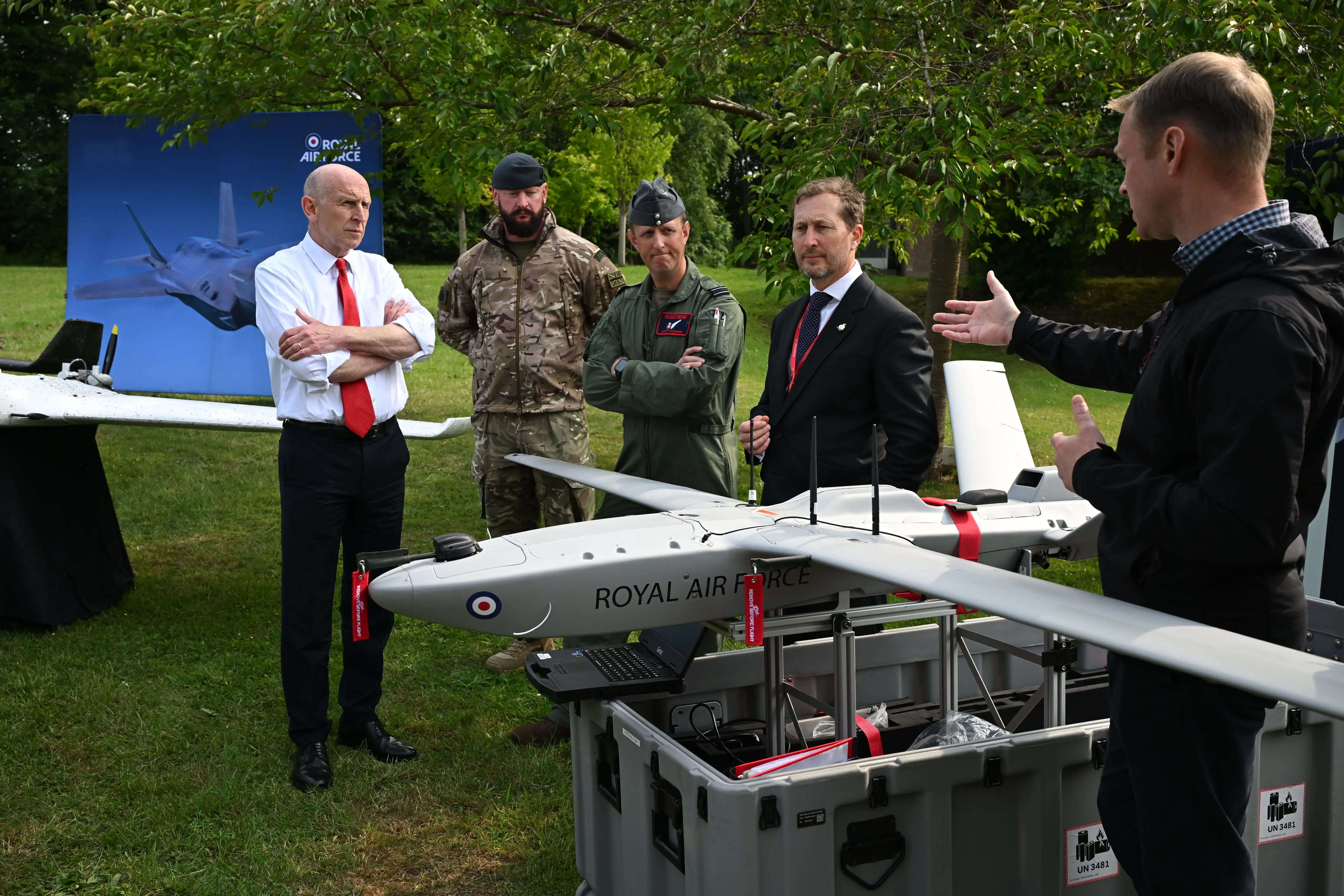 Defense Secretary John Healey looks at the Storm Shroud AR3 system as he visits Warminster Garrison on June 3, 2025, in Warminster, United Kingdom.