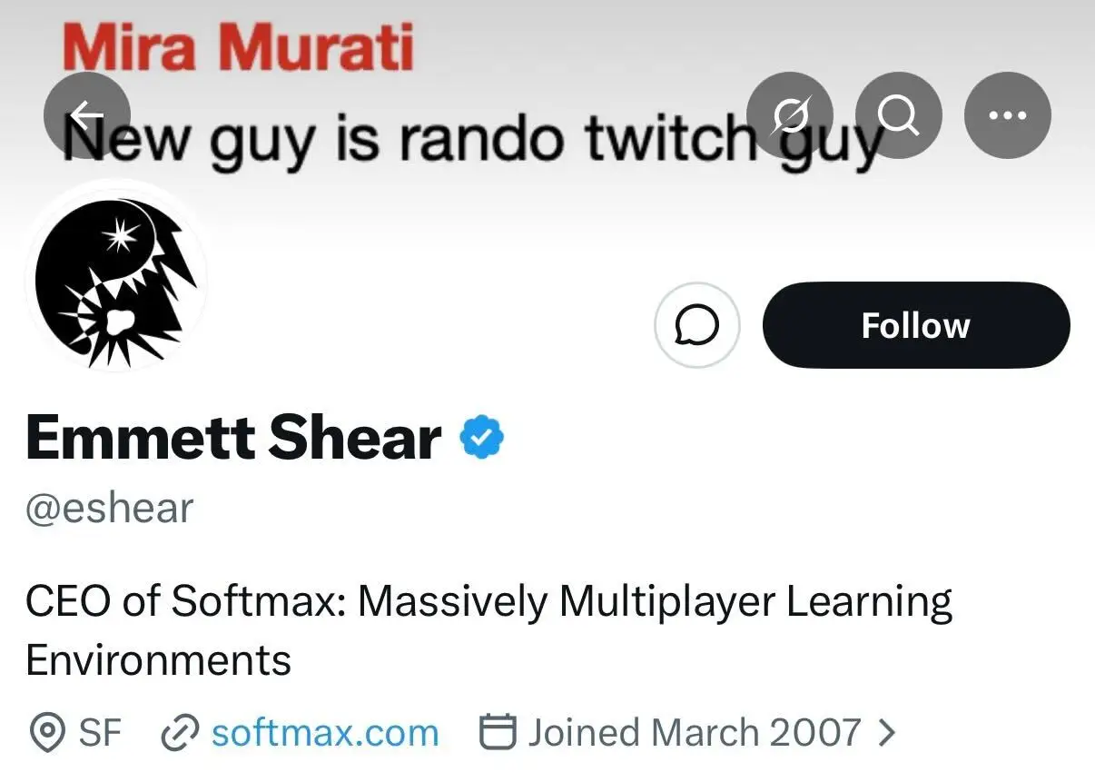 Ex-Twitch CEO Emmett Shear's X bio is pictured, featuring a text from Mira Murati calling him a 
