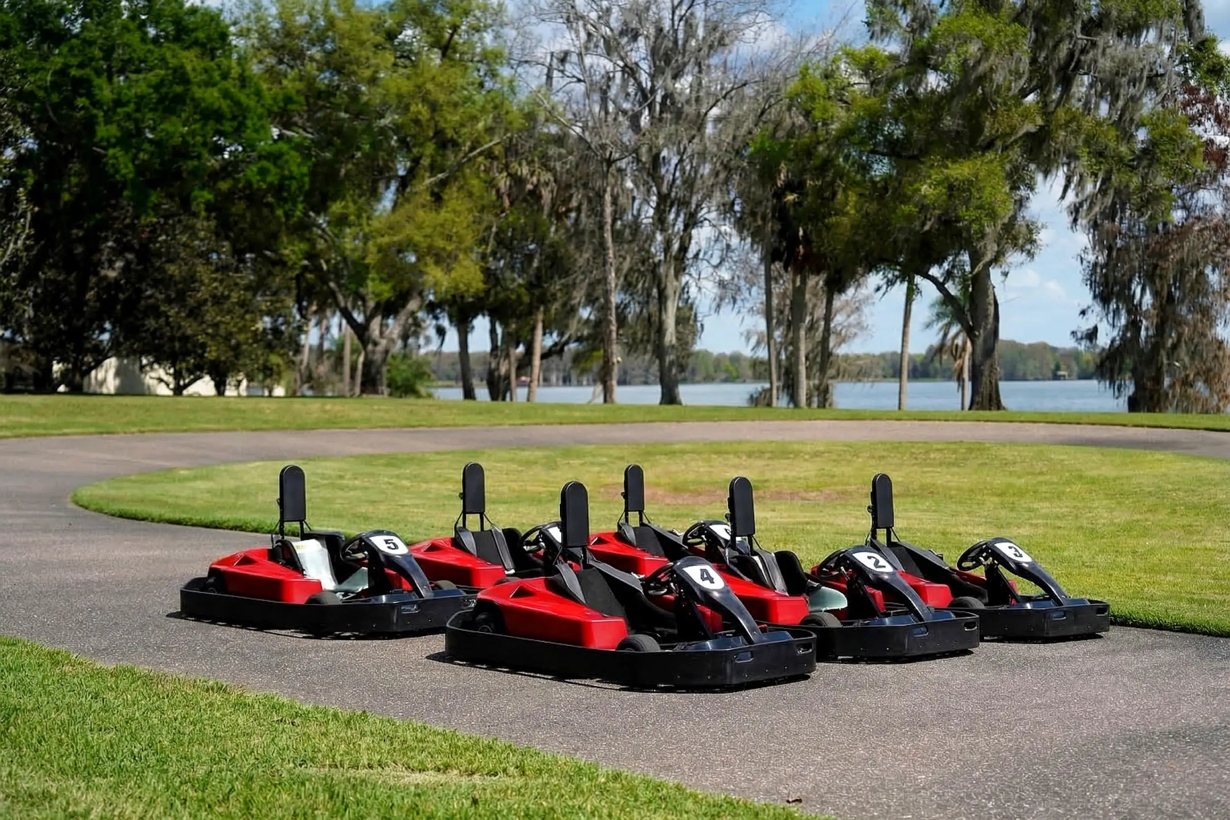 A row of go-karts on a residential track.