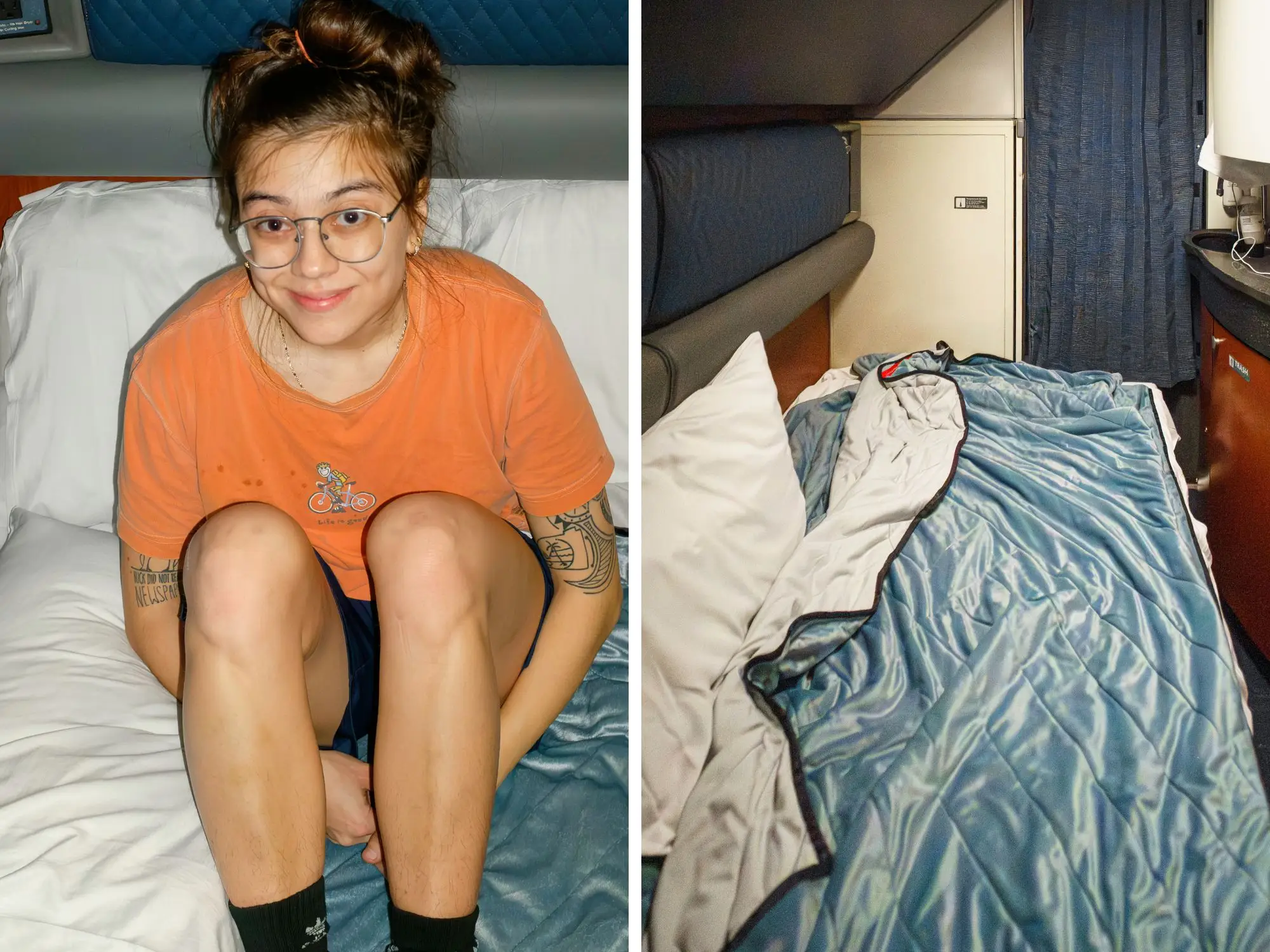 A composite image of the author sitting smiling in the bottom bunk and the bunk with pillows and blankets on it