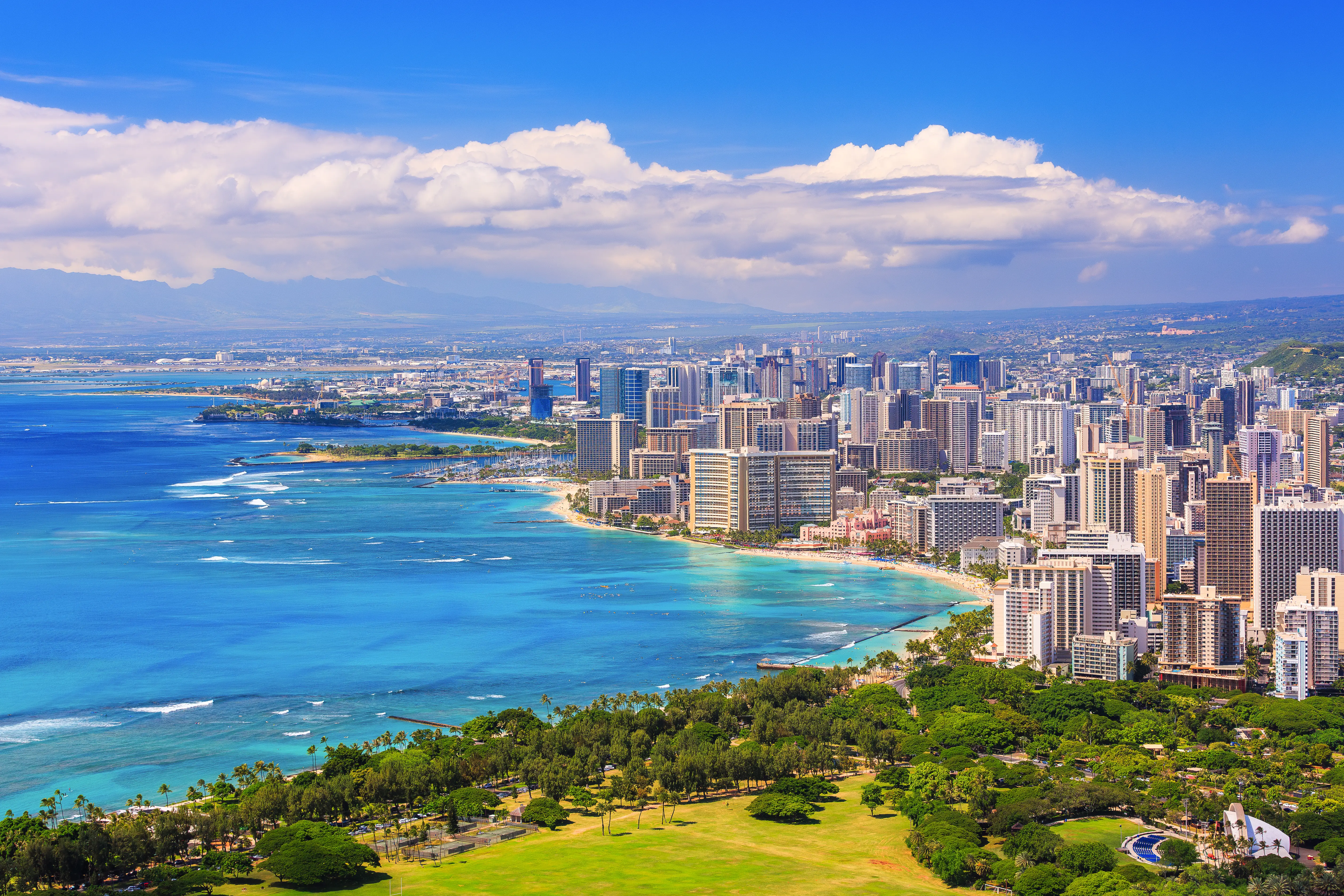 Skyline of Honolulu, Hawaii and Waikiki Beach.