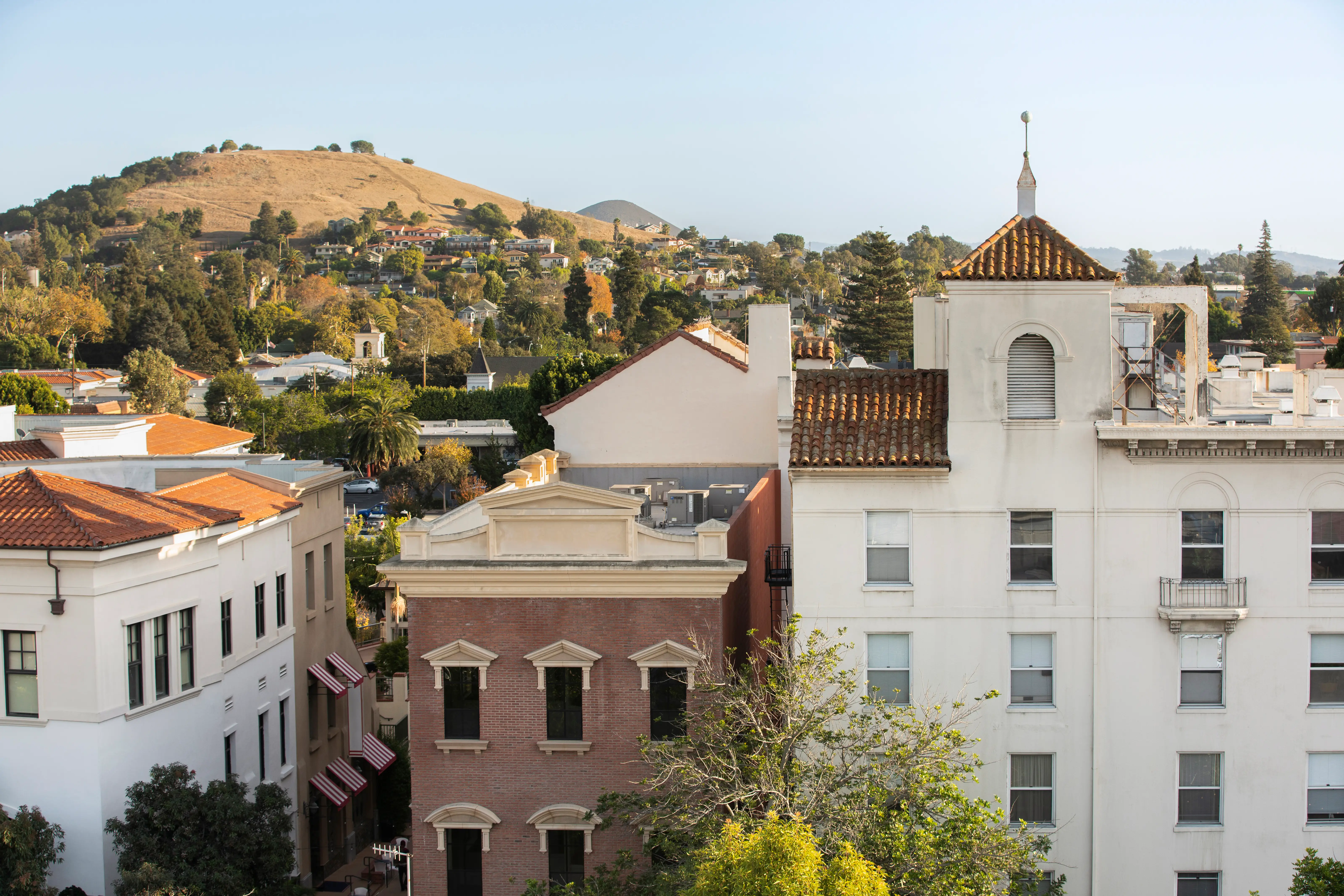 Aerial view of the historic buildings of downtown San Luis Obispo, California.