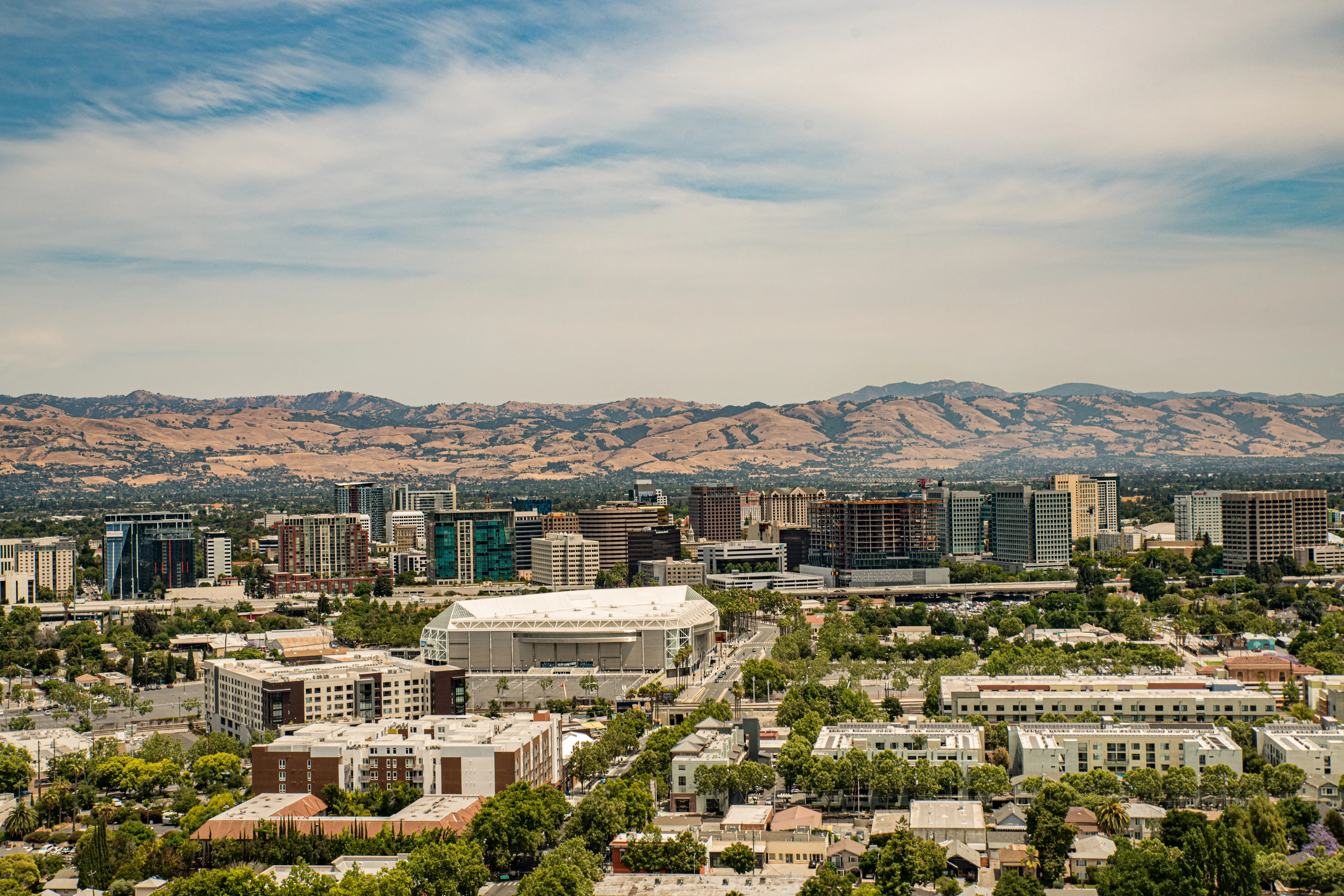 An aerial view of the downtown San Jose, California skyline.