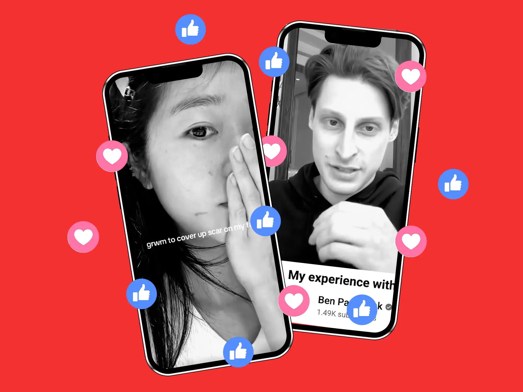 Screenshots of Ben Pasternak and Evelyn Ha on social media surrounded by hearts and likes symbols.