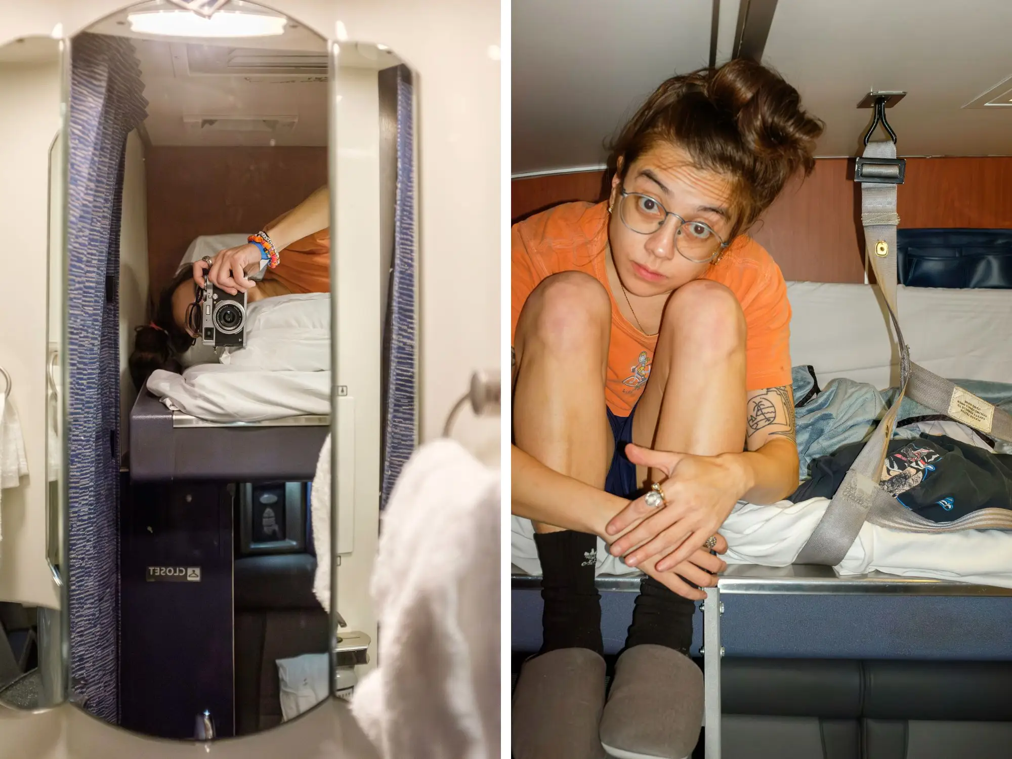 A composite image of the author taking a selfie with a camera in the mirror from the top bunk and the author sitting on the top bunk with her feet on the ladder