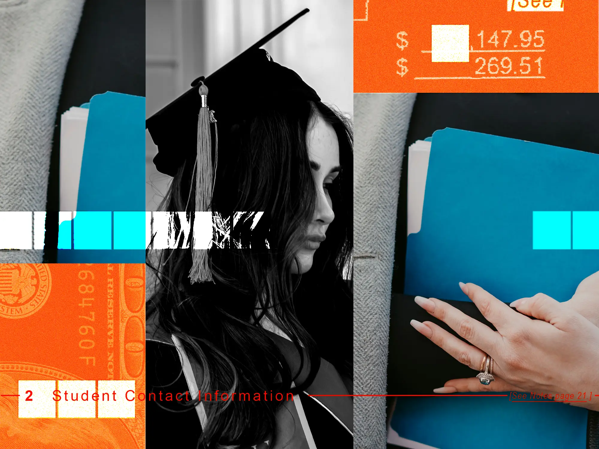 Photo collage featuring a woman holding a folder of documents and a student in a graduation cap and gown, surrounded by Private lending elements.