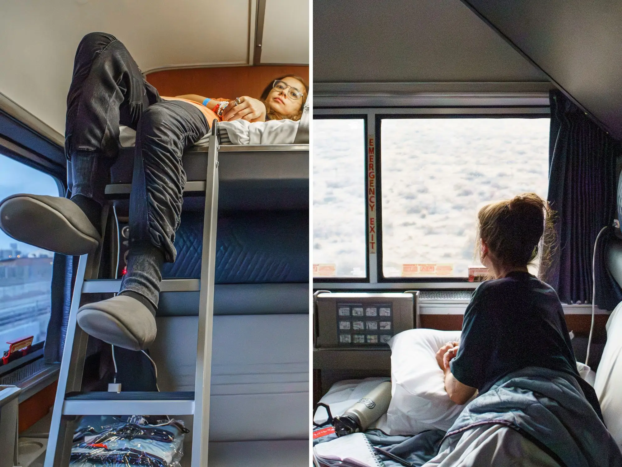 A composite image of the author laying in the top bunk of an Amtrak bedroom with her legs hanging over the ladder and laying in a lower bunk looking out the window in an Amtrak train bedroom