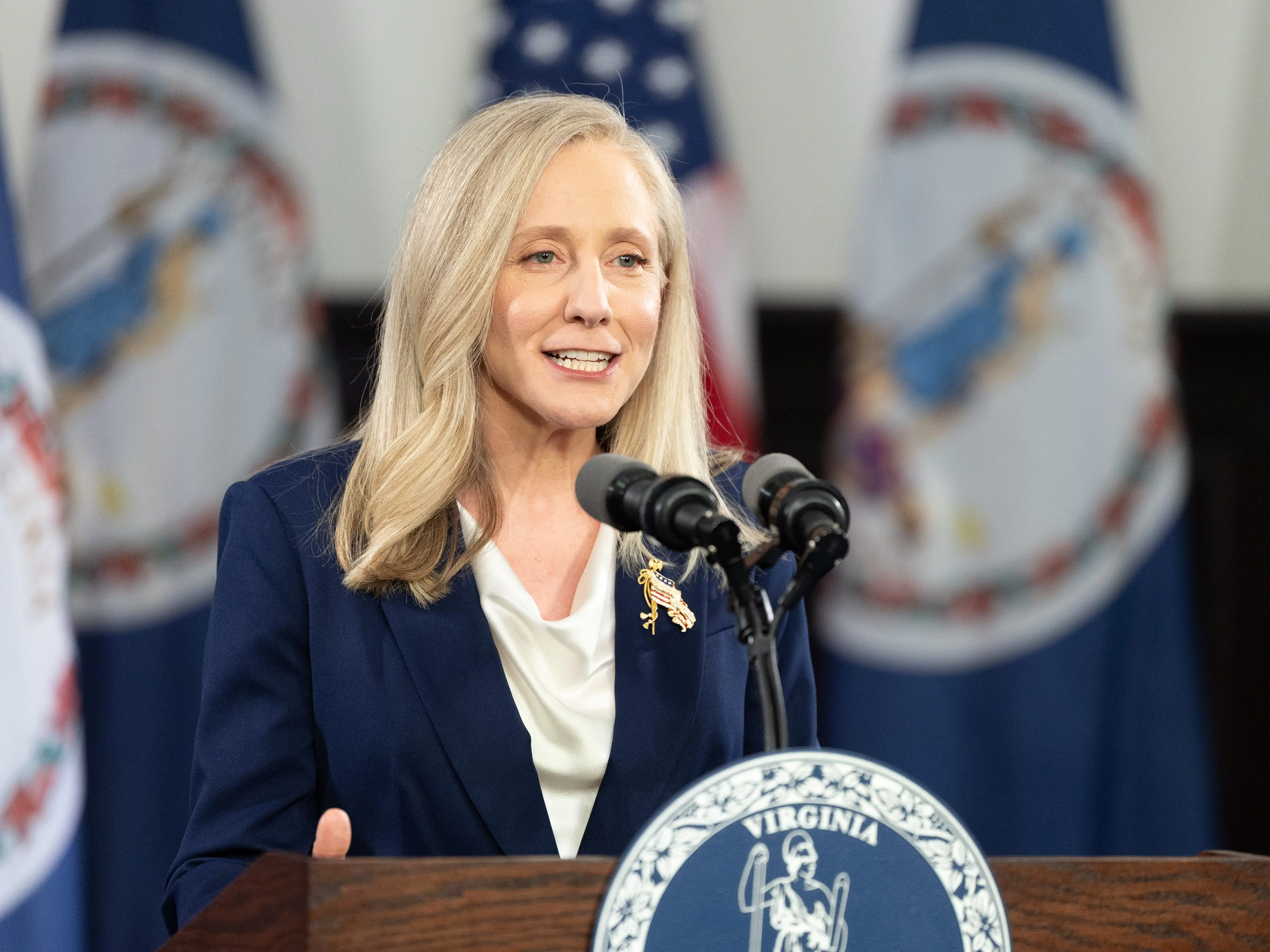 Virginia Gov. Abigail Spanberger delivers the Democratic response to U.S. President Donald Trump's State of the Union address on February 24, 2026 in Williamsburg, Virginia.