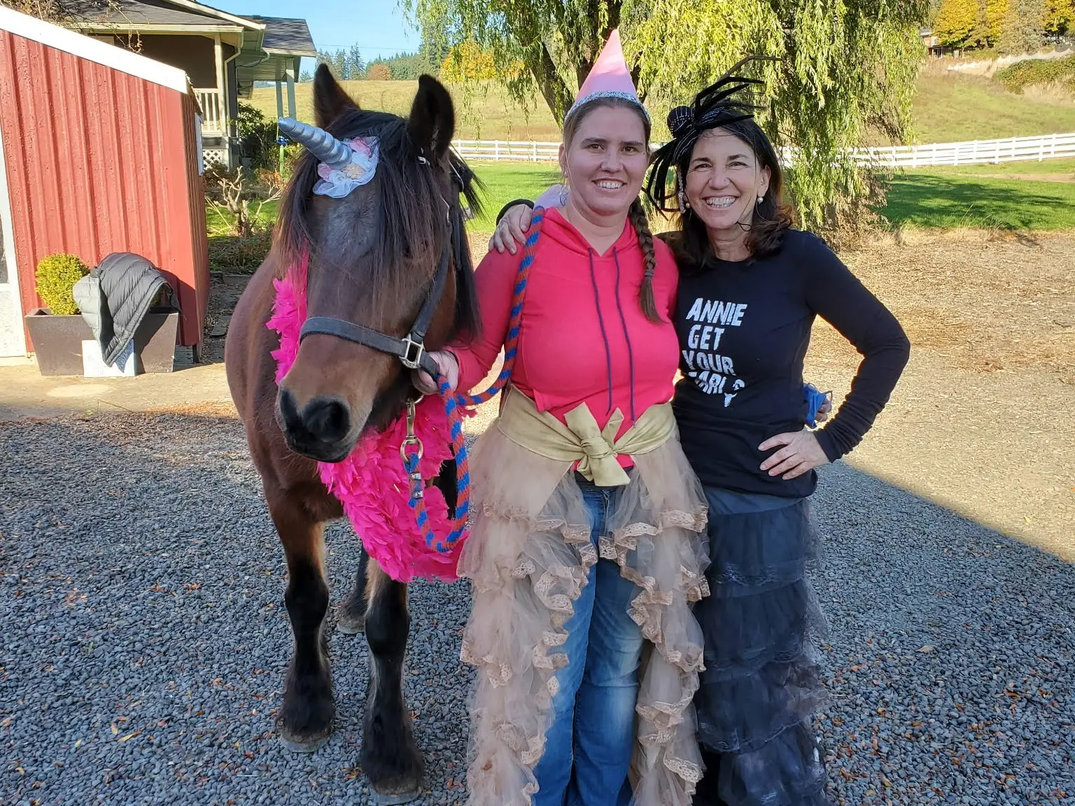 Women posing with horse