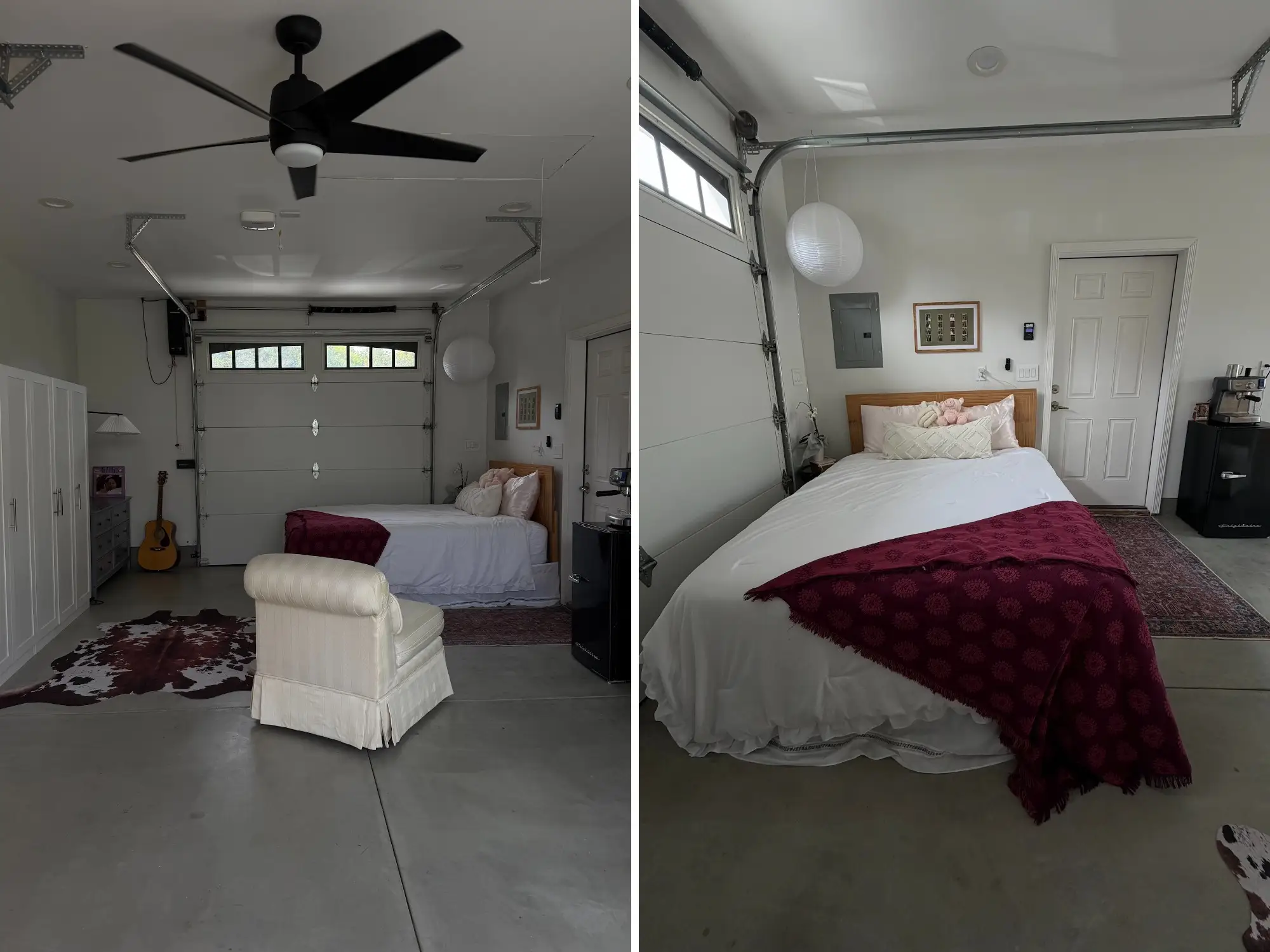 A side-by-side of a side view of a bedroom in a garage and the front view of the bed.