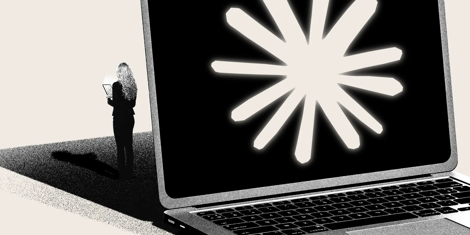A woman standing in the shadows of a laptop displaying the Claude AI logo